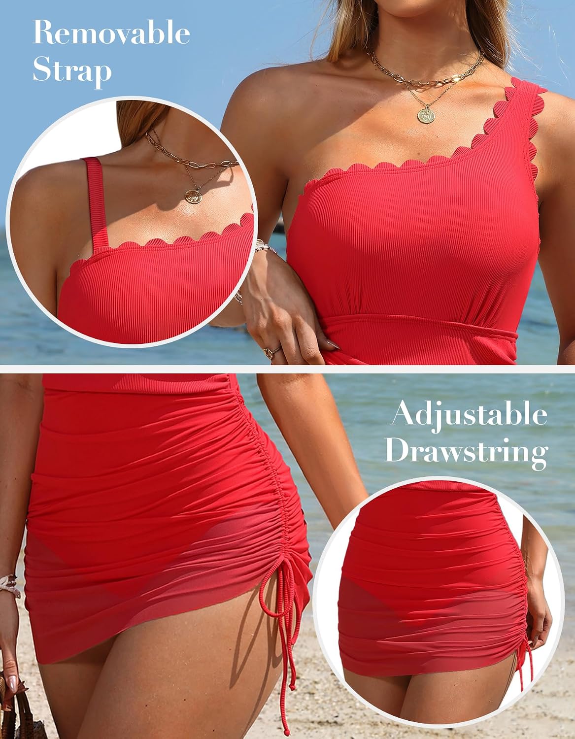 Charmo One Shoulder One Piece Swim Dress Ribbed Scalloped Swimsuit Women Mesh Sheer Wraps Slimming Bathing Suit Swimwear
