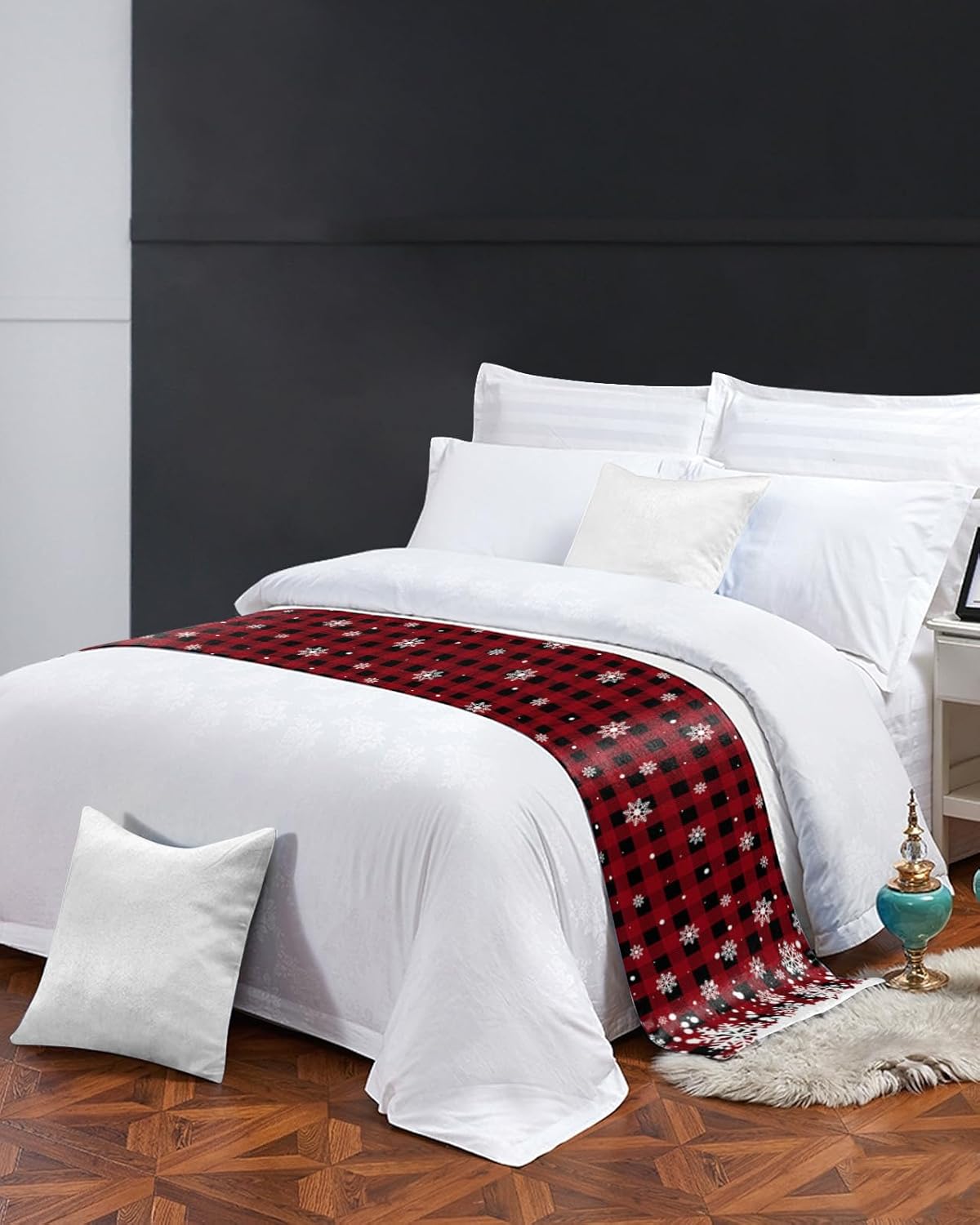 Bed Runner Scarf, Christmas White Snowflake Snow On Black and Red Plaid King Bed Bedding Scarves Cover Decorative Bed Scarf for Home Hotel Guesthouse Bedroom Wedding Room Guestrooms 102"x20"