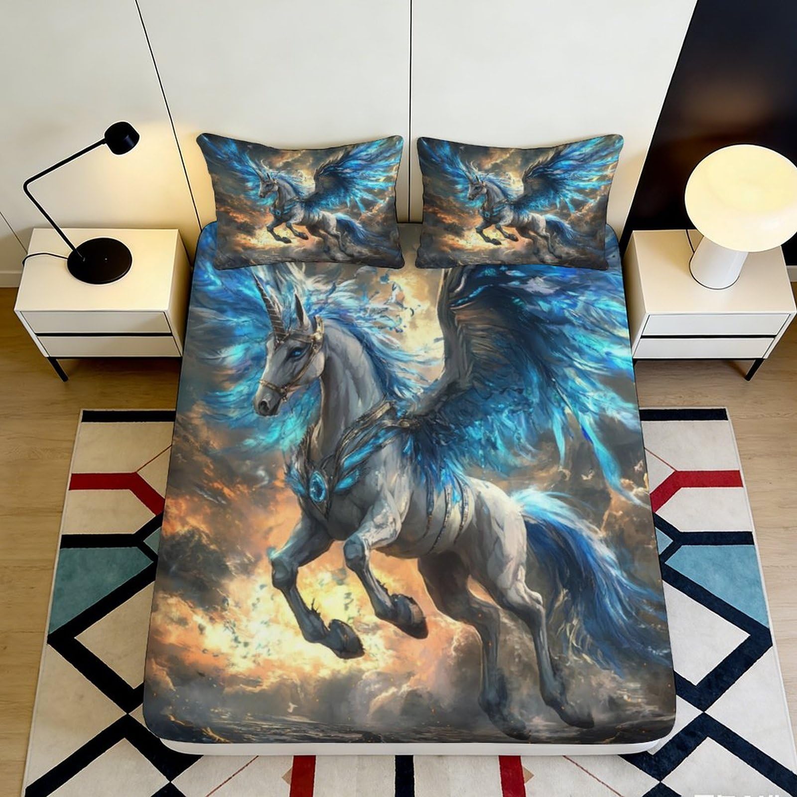 3D Printed Blue Pegasus Fitted Sheet Microfiber Soft Breathable Fantasy Wings Mattress Cover for Bedroom Dorm Decor 90x200x25cm