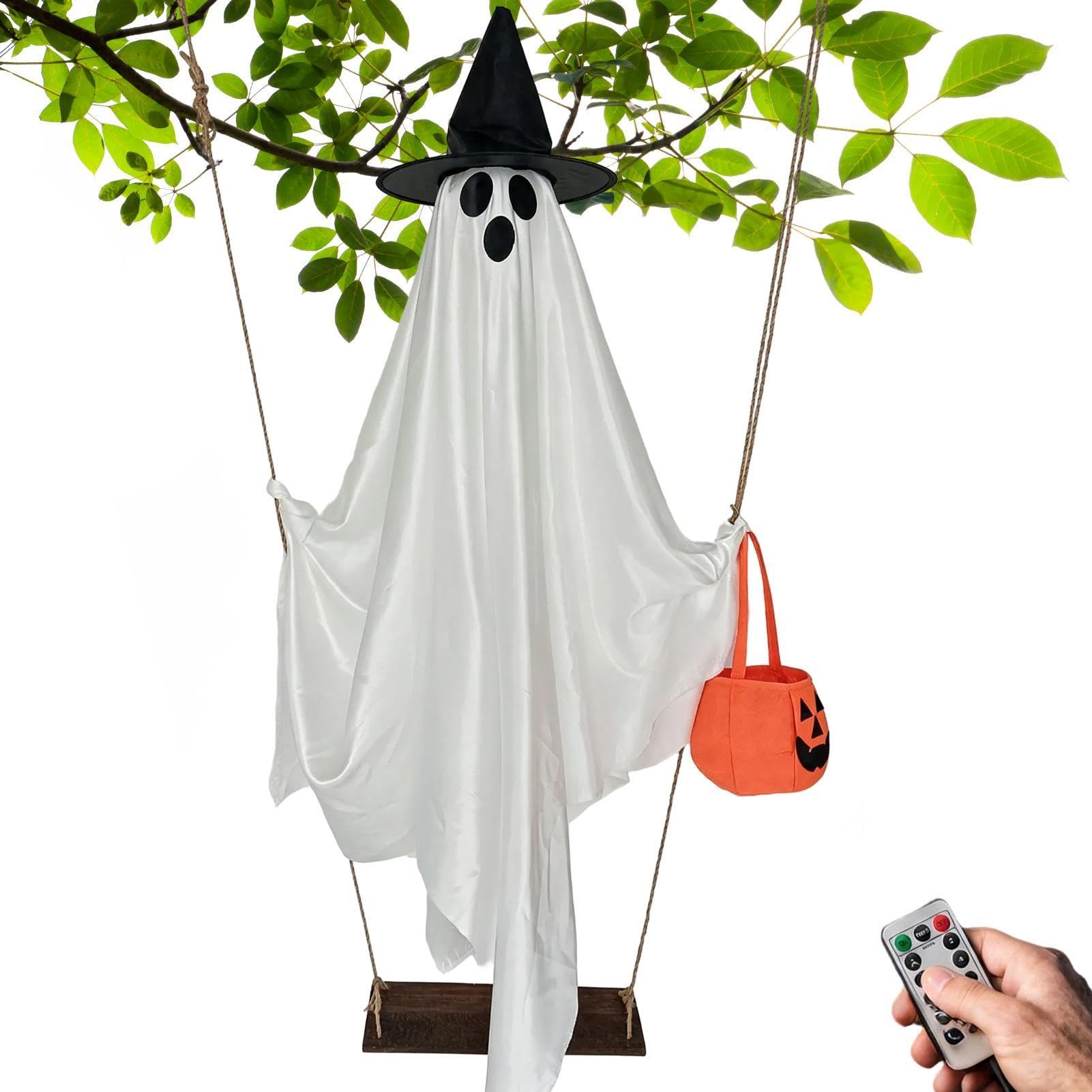 Schwingendes Gespenst 1,5 m Ferngesteuert Leuchtend Mit Kürbiseimer | Festival-Geist-Fensterdeko Für Party, Spukhaus, Hof, , , Fenster Und Den Garten