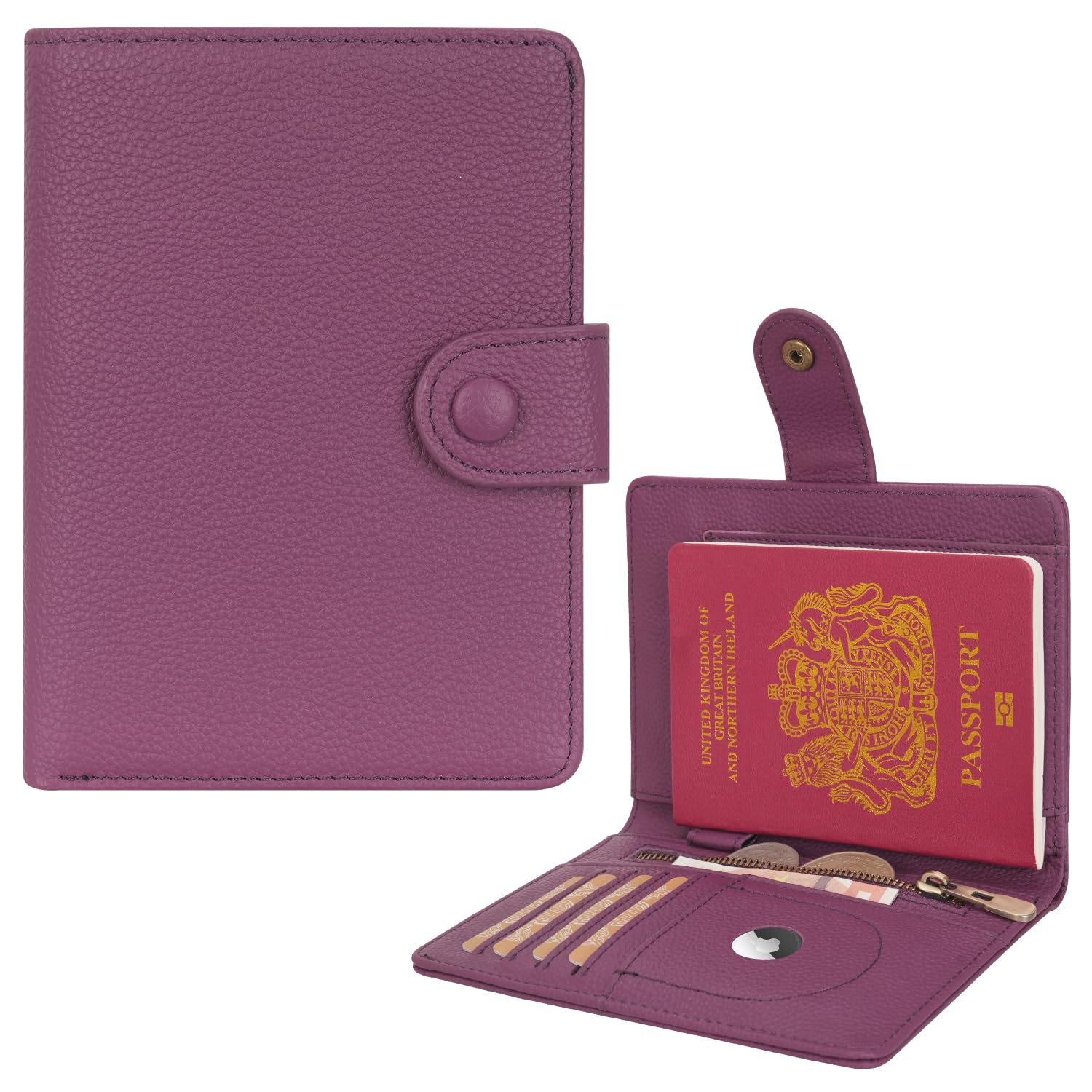 WASON Protège-Passeport en Cuir Véritable avec RFID, Portefeuille de Voyage, Fentes Cartes, Poche Monnaie, Porte-Monnaie, Emplacement Traceur, Organisateur Billets Avion pour Homme et Femme(Paars)