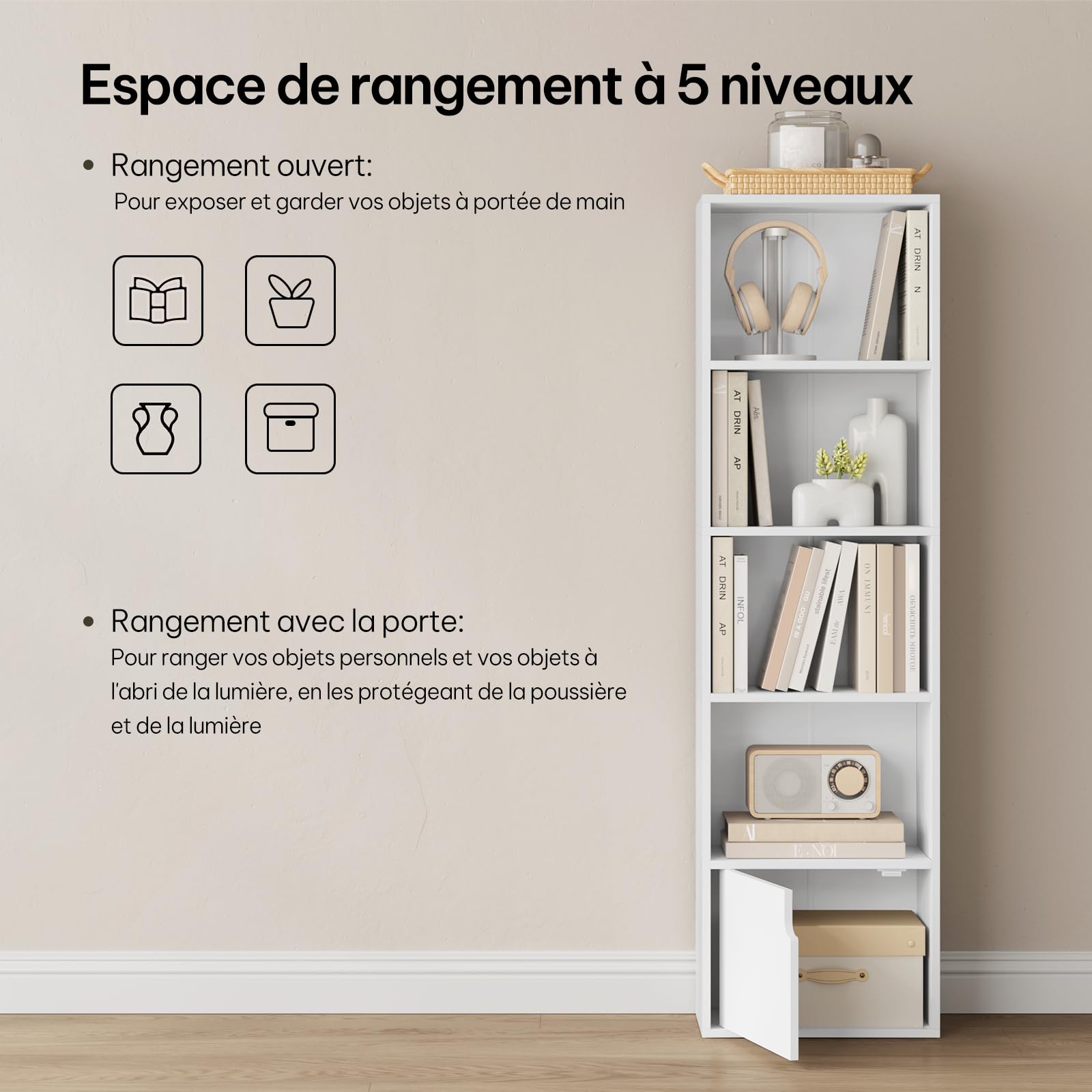 eSituro Bibliothèque Étagère, Meuble Cube, avec 5 Compartiments et 1 Porte, Blanc, pour Salon, Chambre