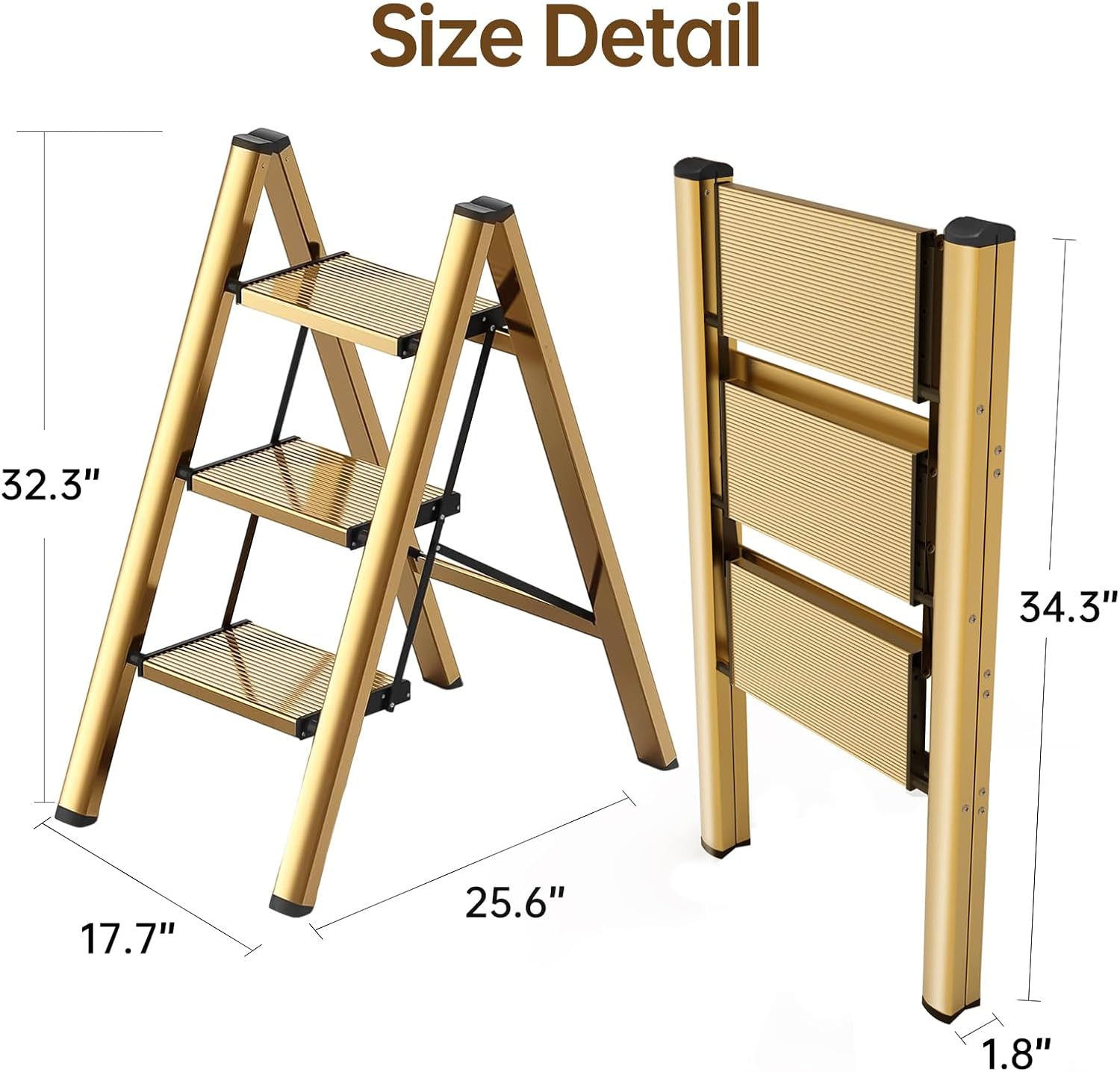 Foldable 3 Step Stool for Closet/Kitchen-Aluminium Gold Step Ladder Steps Stools, Folding 330lbs Lightweight Ladders with Anti-Slip Wide Pedal, Portable Kids/Adults Ladder