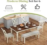 Jocisland 6-Piece Farmhouse Dining Table Set, 71” Solid Wood Table, 4 Upholstered Chairs and Bench, Rustic White and Walnut Finish, Seating for 6, for Kitchen or Dining Room