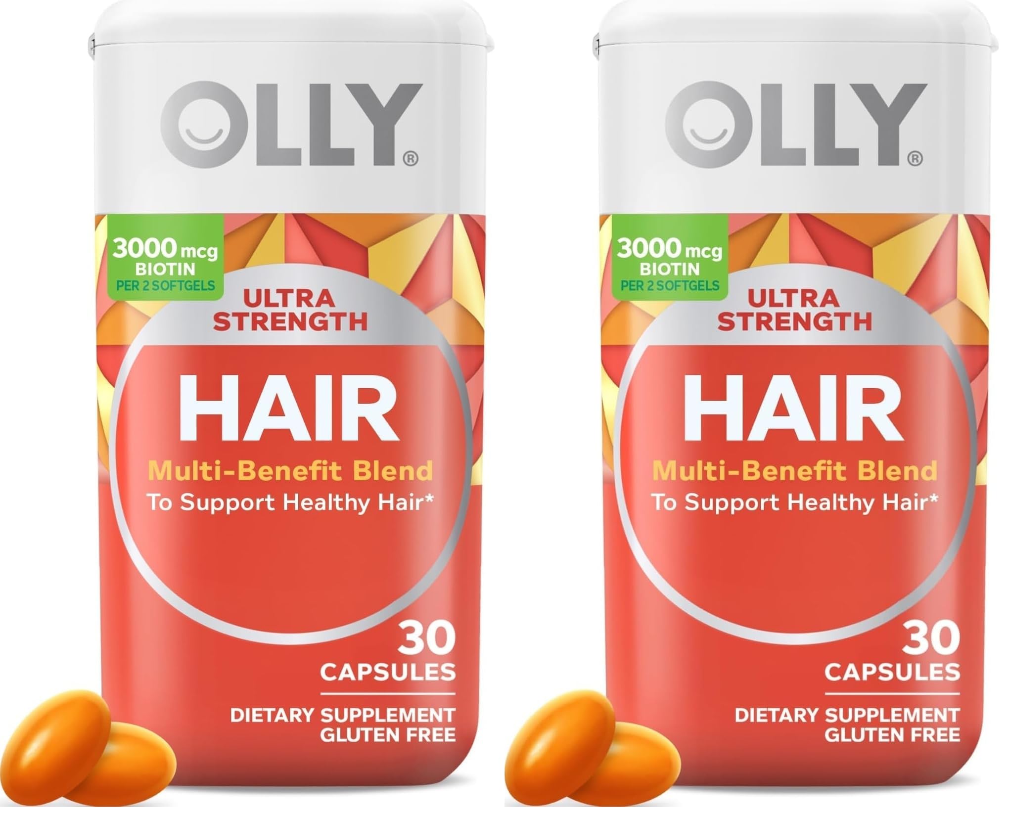 OLLY Ultra Strength Hair Softgels,Supports Hair Health,Biotin,Keratin,Vitamin D,B12,Hair-Supplement,30 Day Supply - (Packaging May Vary),30 Count (Pack of 2)