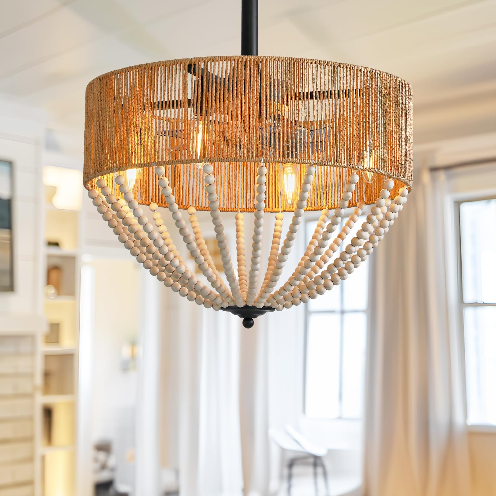 20" Boho Ceiling Fans with Lights and Remote, 6 Wind Speeds 3 Timing Quiet Rattan Chandelier Bladeless Ceiling Fan Reversible Caged Ceiling Fan for Bedroom Living Room Farmhouse Rustic, Beige