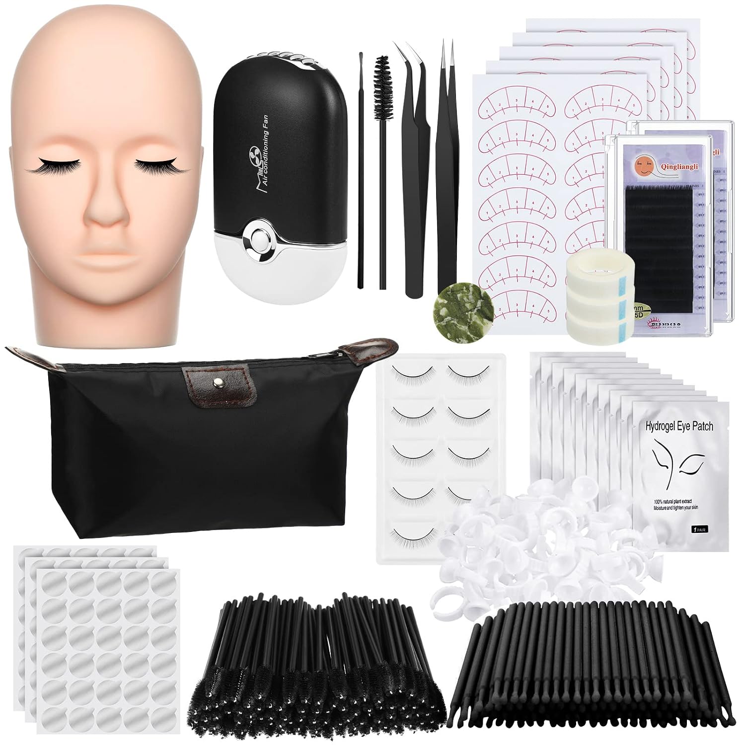 261 Pcs Eyelash Practice Kit Lash Kit for Eyelash Extension USB Air Conditioning Blower False Eyelash Mannequin Head Eye Lash Extension Kit Permanet for Beginner Makeup Training (Black)