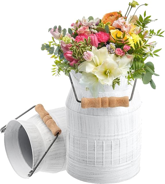 WUWEOT 2 Pack Rustic Metal Flower Vase, White Vintage Farmhouse Jug Vase with Wooden Handle, Shabby Chic Metal Milk Can Vase Bucket Plant Vase for Home, Restaurant, Wedding Table Centerpieces Decor