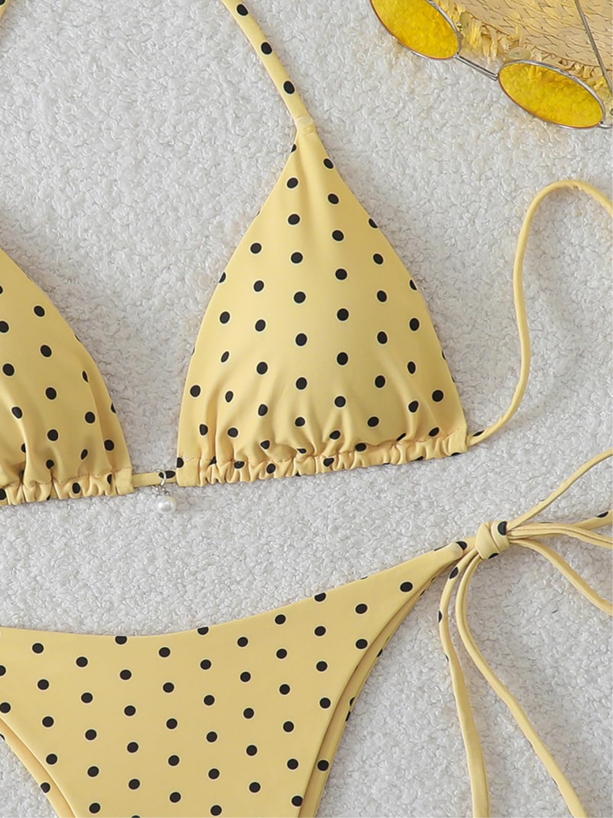 Bikini Donna Polka DOT Set Perla Dettaglio Triangolo Stringa Costume da Bagno-Black-s