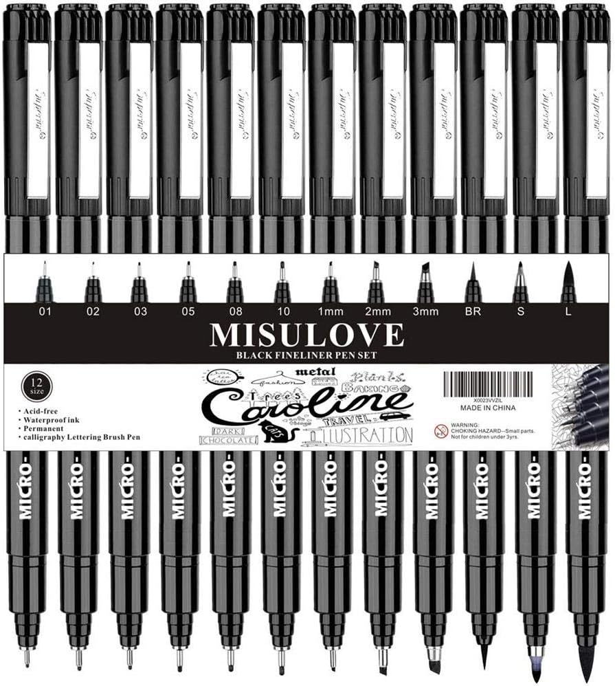 MISULOVE Micro-Pen Fineliner Ink Pen Set, Waterproof Archival Ink Micro Fine Point Drawing Pens for Sketching, Calligraphy, Anime, Illustration, Technical Drawing, Bullet Journaling, Black, 12/Set