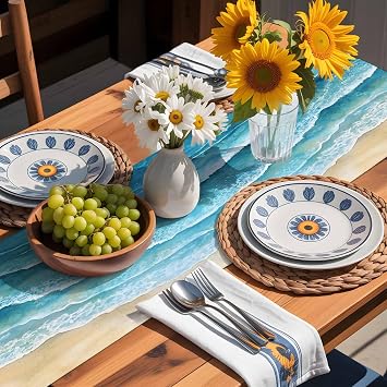 Table Runner 70'' Length - Summer Beach Blue Gradient Wave Linen Table Runners Dining Table Decoratio Seaside Water Ripple Dresser Scarf Washable Tablerunners for Kitchen/Party