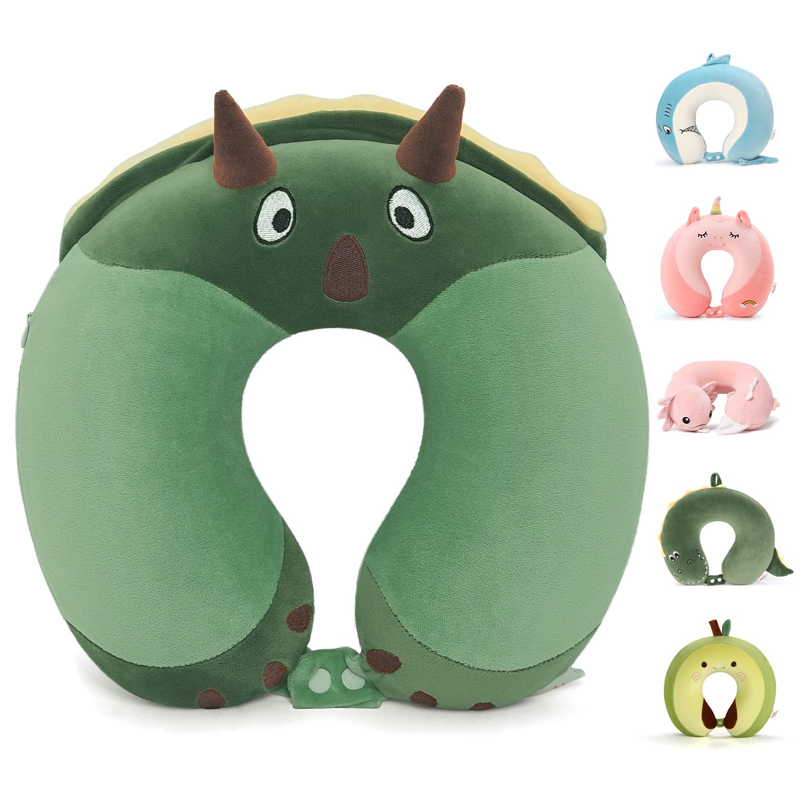 Memory Foam Travel Neck Pillow for Teens and Adults, Dinosaur Design