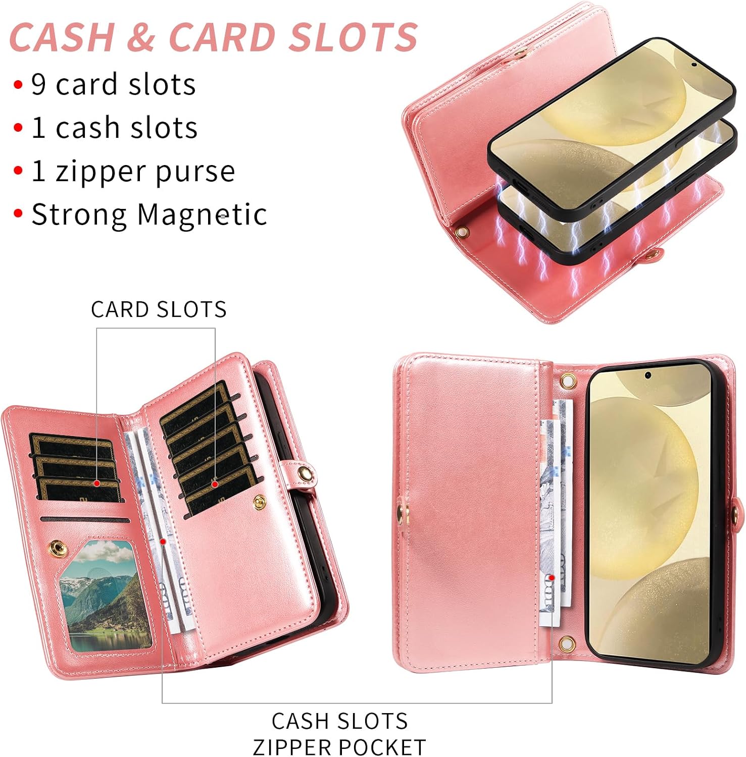 Asuwish Phone Case for Samsung Galaxy S24 5G Zipper Wallet Magnetic Detachable Cell Cover with Tempered Glass Screen Protector Lanyard Strap Flower Flip Card Holder S 24 24S G5 Women Girls Rose Gold