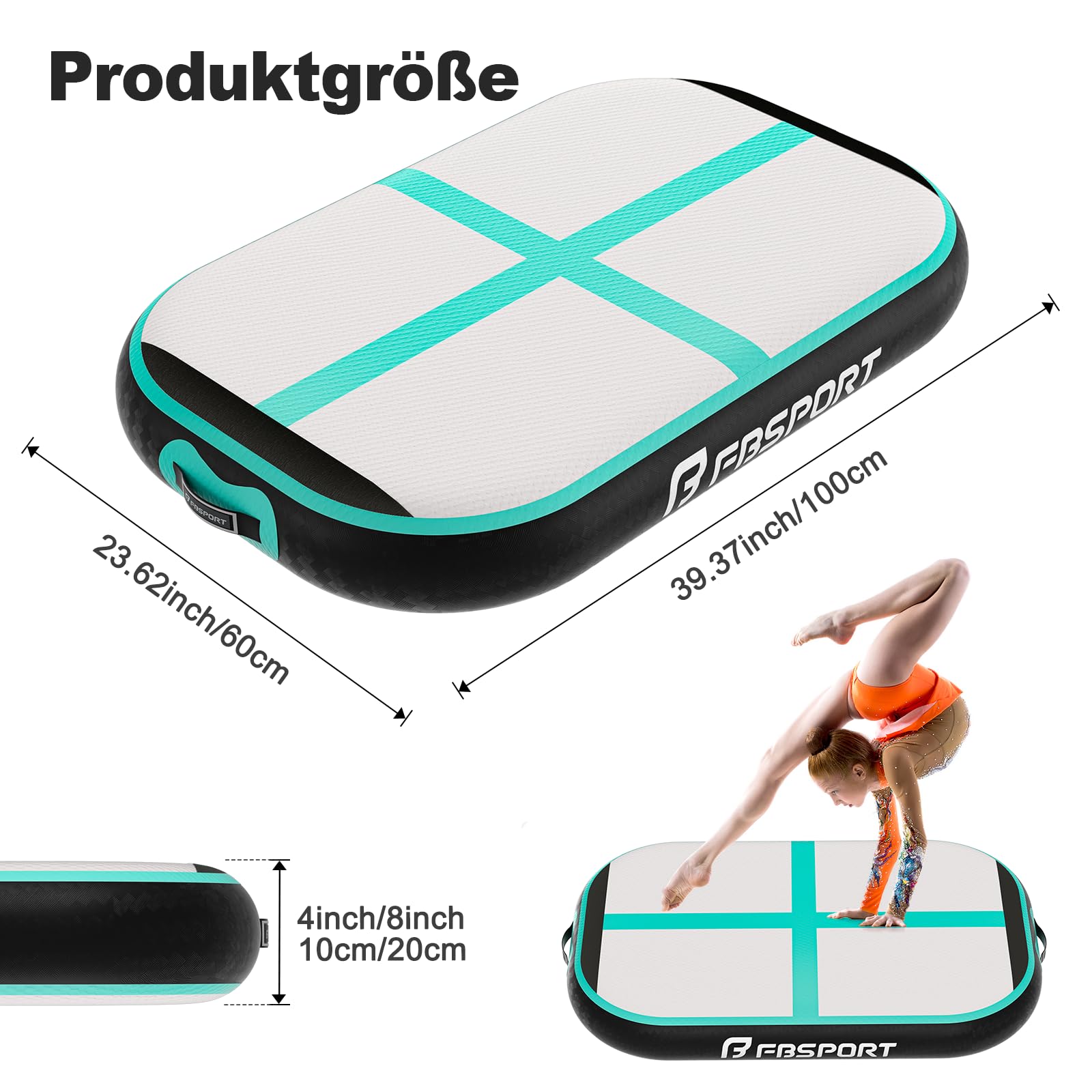 FBSPORT Airtrack - Tappetino da ginnastica con pompa ad aria, spessore 20 cm, spessore 60 cm, con borsa per il trasporto, per casa, esterni, yoga, esercizi