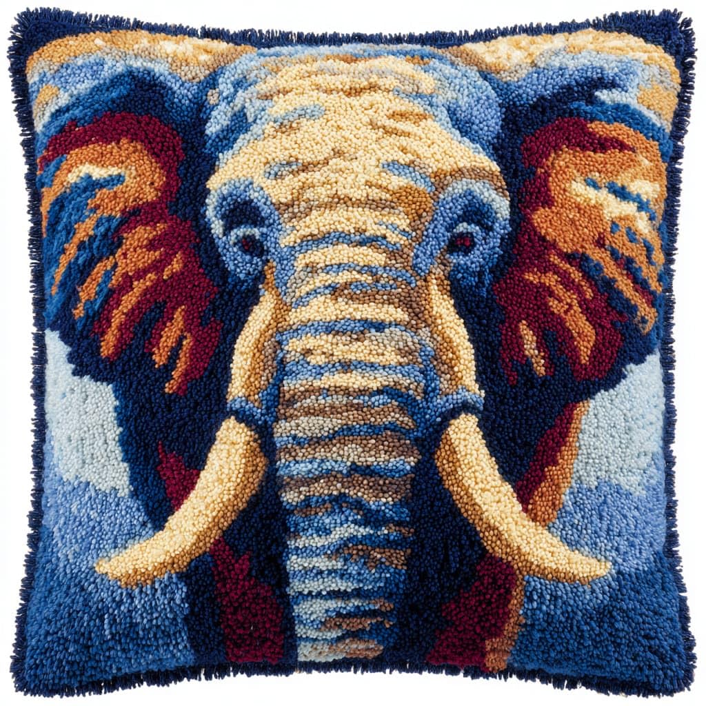 Taxpy DIY Latch Hook Kits, Animals Elephant Pillow with Printed Canvas Crochet Yarn Embroidery Cushion Handmade Hook and Latch Kit Pillowcase 43x43cm
