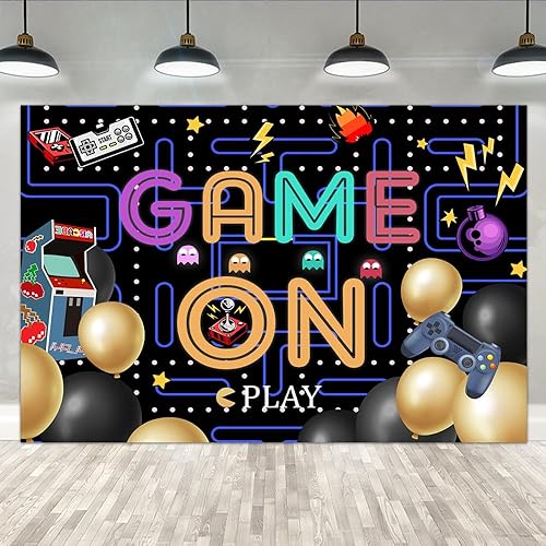 Miniatura 1 de Lofaris Juego en telón de fondo de video juego para niños, fondo de fotografía de cumpleaños, luces coloridas, suministros de fiesta, decoración de