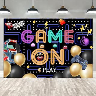 Lofaris Game On Backdrop Video Game for Boys Birthday Photography Background Colorful Lights Party Supplies Kids Adults Gaming Party Decorations Baby Shower Cake Table Photo Booth 9x6ft