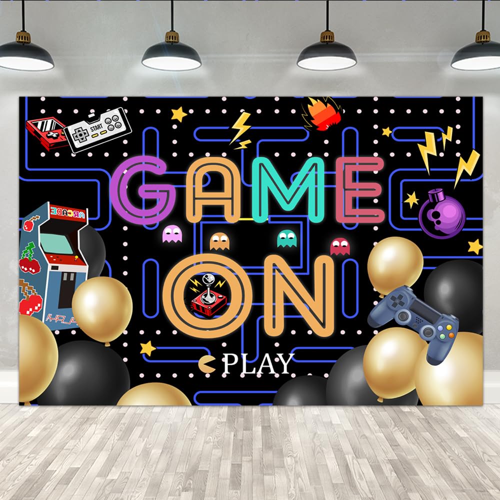 Lofaris Game On Backdrop Video Game for Boys Birthday Photography Background Colorful Lights Party Supplies Kids Adults Gaming Party Decorations Baby