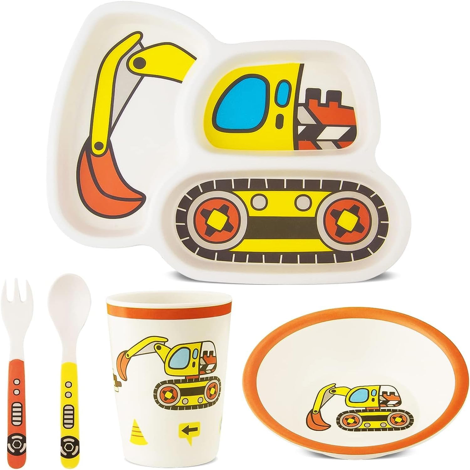 X spring Kids Dinnerware Set, 5 Pcs Bamboo Kids Dinnerware Set, Kids Dinnerware Set Includes Plate, Bowl, Cup and Tableware, Made of Durable Material, Perfect for Child, Toddler Utensils Self Feeding