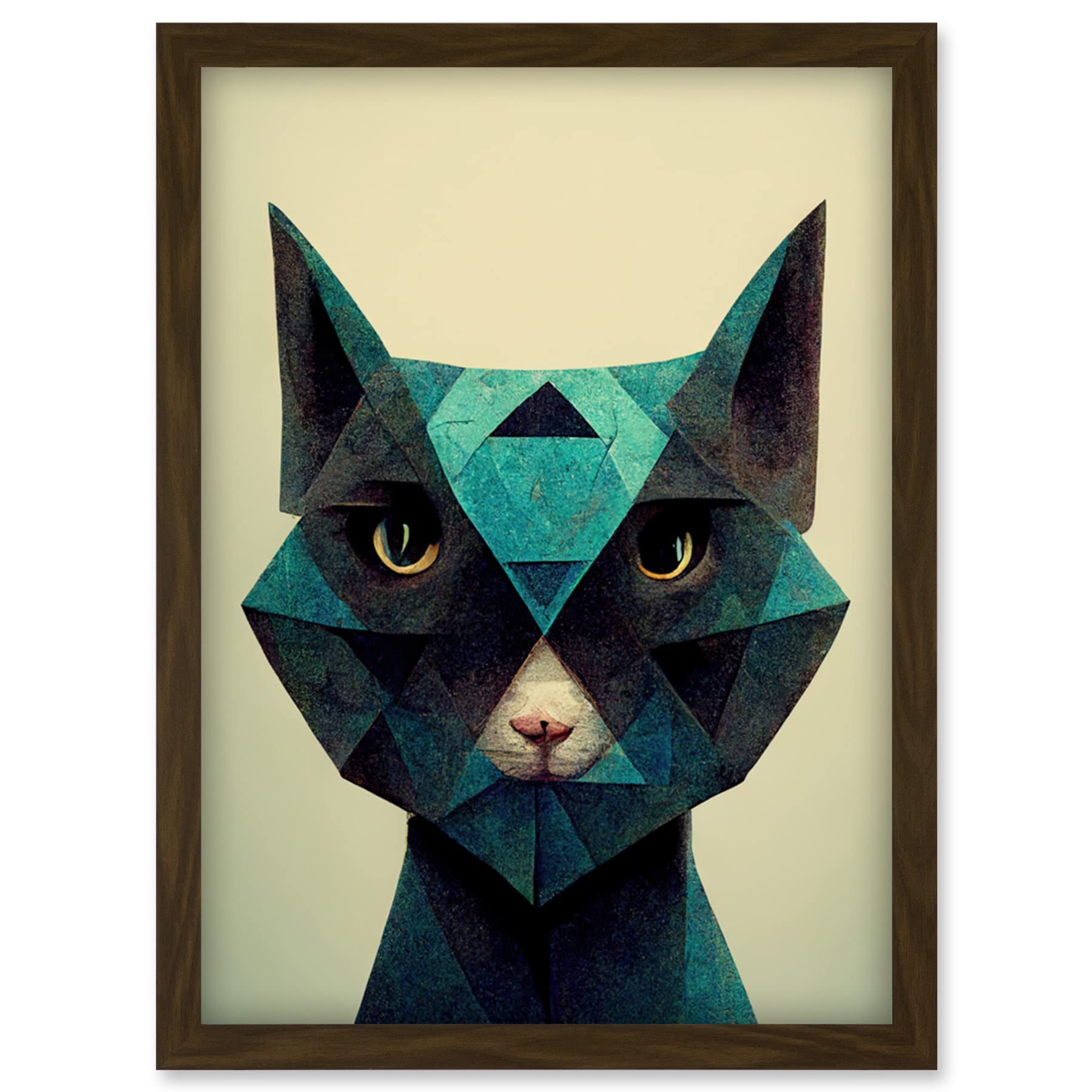 Doppelganger33 LTD Fun Geometric Teal Cat Artwork Framed Wall Art Print A4