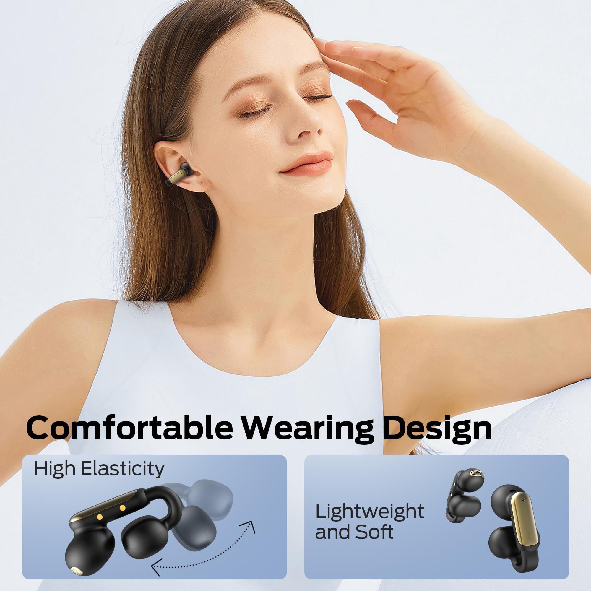 oraolo Cuffie Bluetooth Open-Ear, Clip-On Auricolari Aperti Bluetooth 5.4, Cuffie On Ear Aperti Controllo Touch 32H Cancellazione del Rumore IPX6 Impermeabile per Sport Fitness, Nero