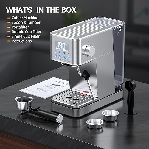 Miniatura 8 de Máquina de café expreso, máquina compacta de café expreso inoxidable de 20 bares, con espumador de leche, tanque de agua extraíble de 57.5 onzas,