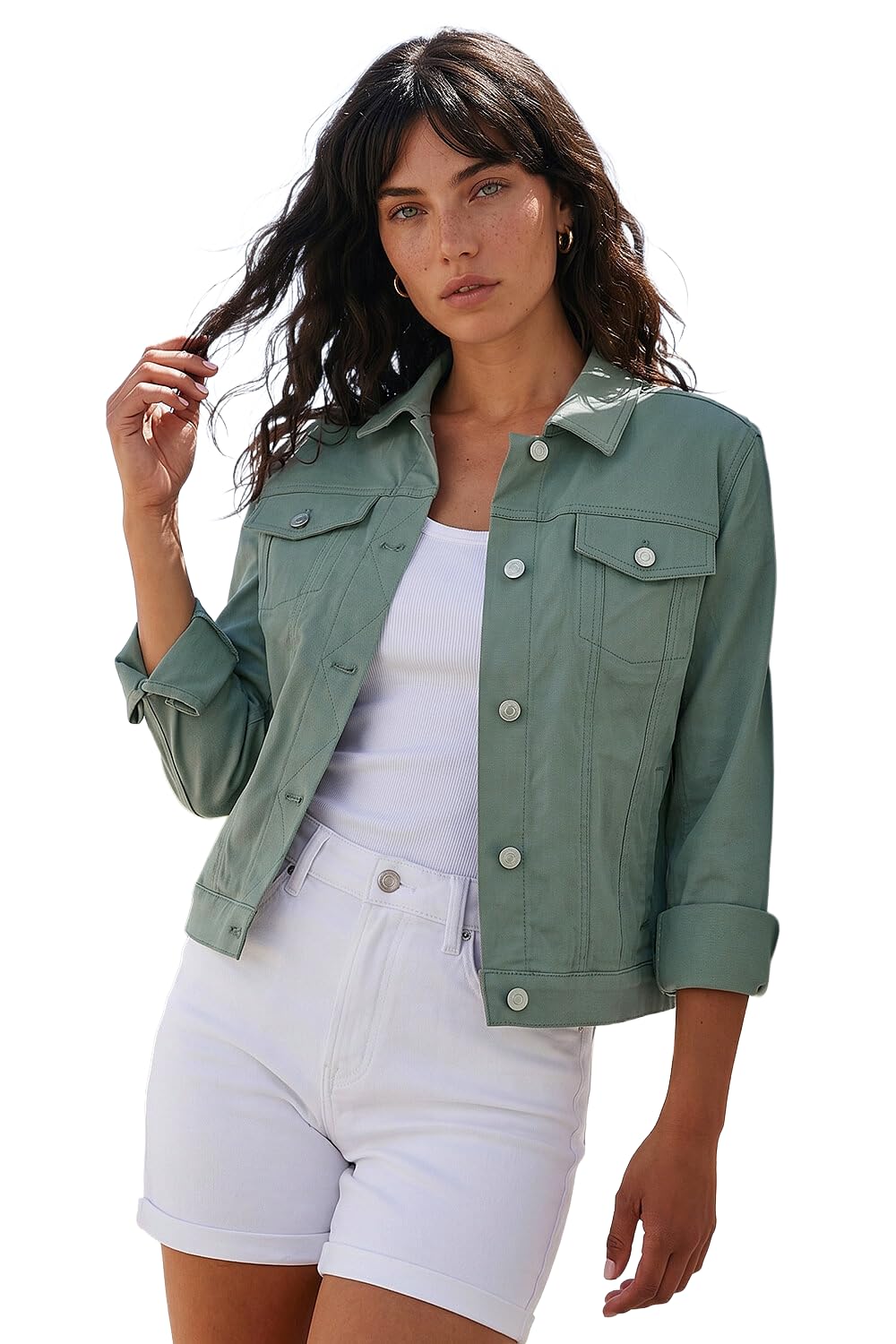 Roman Originals Women's Khaki Stretch Jacket For Uk - Denim Jean Summer Coat Bengaline Casual Smart Utility Trucker Biker Fitted Classic Work Spring Soft Vintage - Size 12