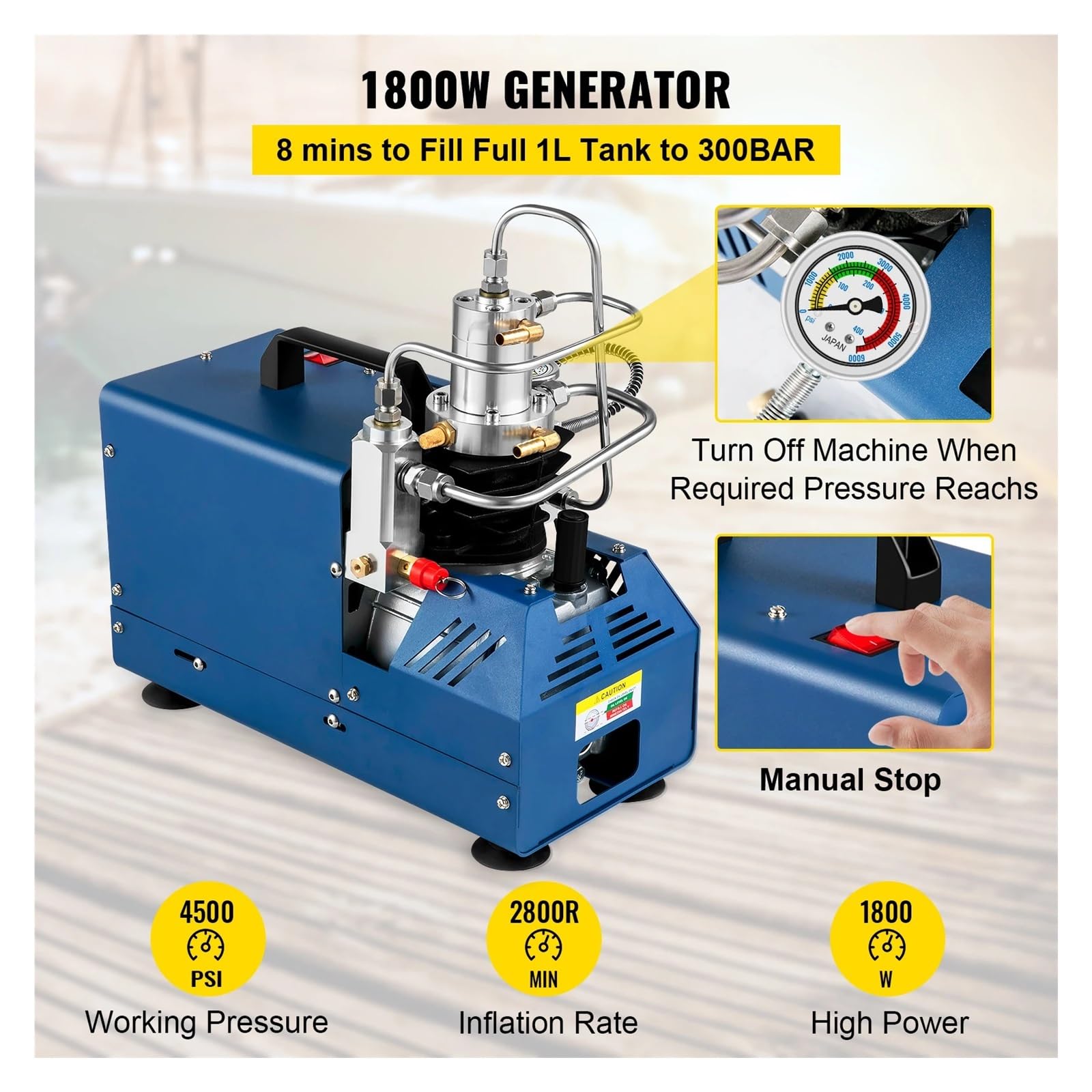 Pompa sprężarki powietrza PCP o wysokim ciśnieniu 1800 W, 4500 PSI/30 MPA/300 BAR, ręczny stop do paintballa, karabinu pneumatycznego, butli nurkowania,Długotrwałe
