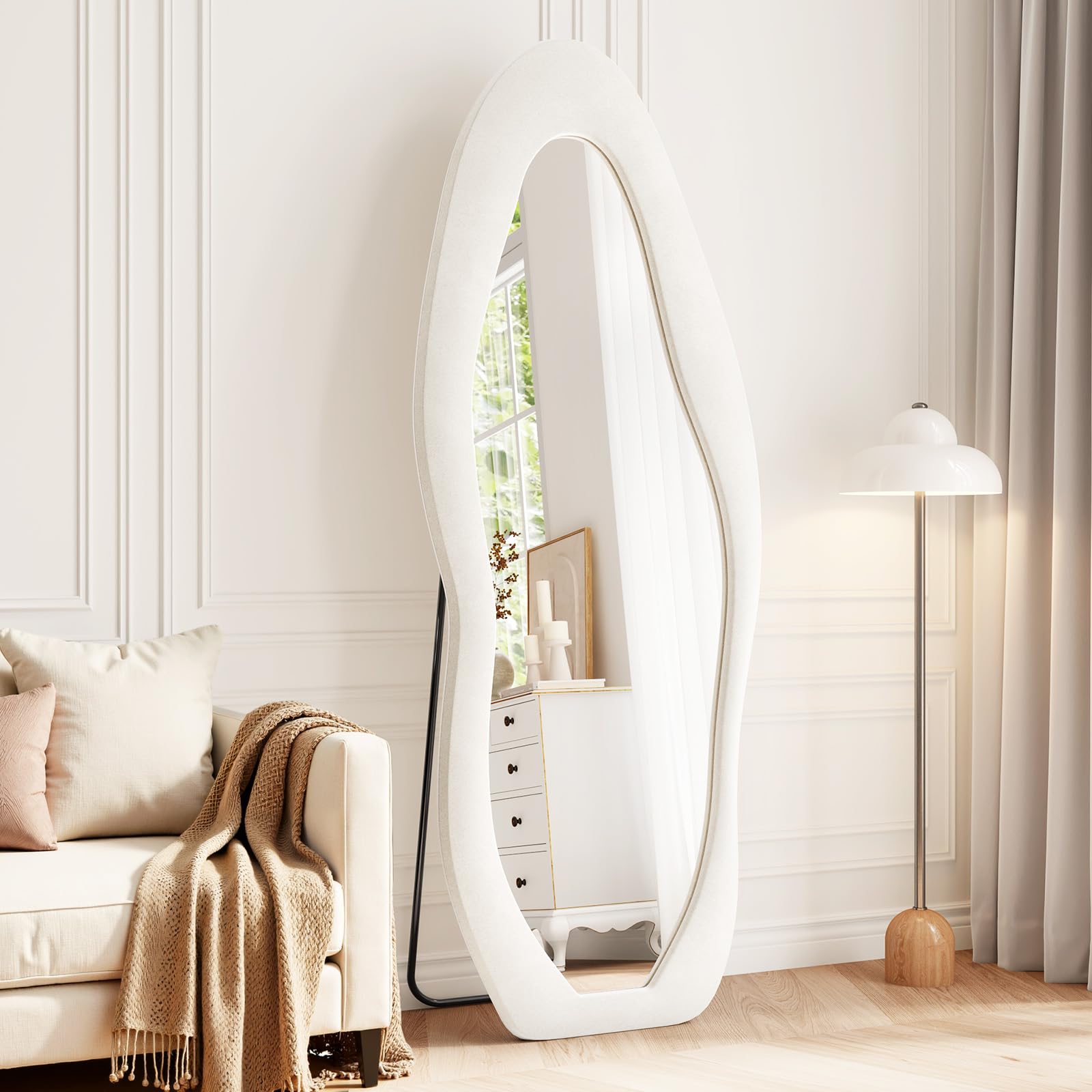 full length mirror, 63"x24" full body mirrors, flannel floor mirrors with stand, irregular wavy mirror hanging or leaning against wall for bedroom living room, beige