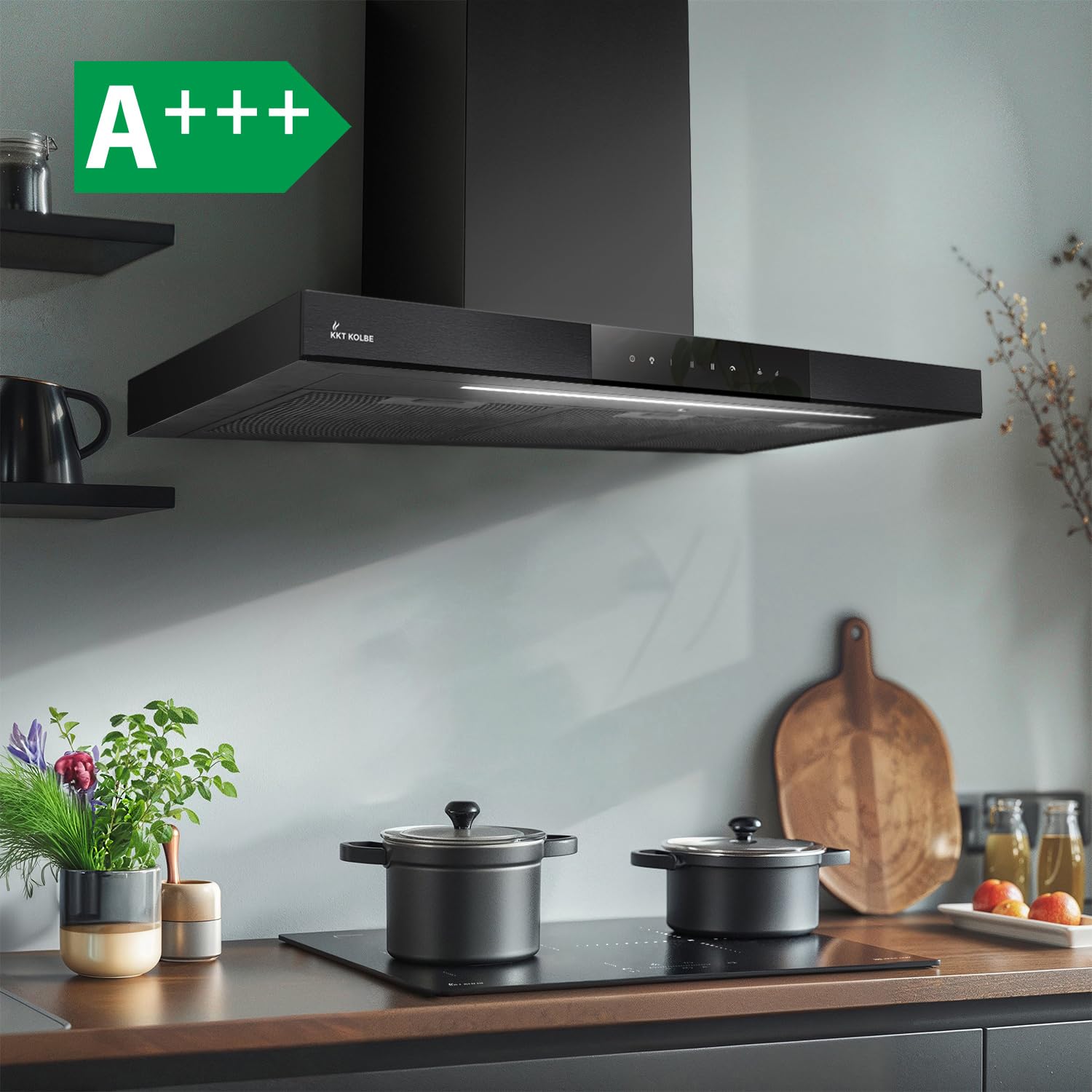 KKT KOLBE Hotte murale 90 cm A+++ | 754 m³/h recyclage ou évacuation | mode automatique | noir verre | arrêt différé | éclairage LED bi-couleur | commande tactile | SHAPE9005S