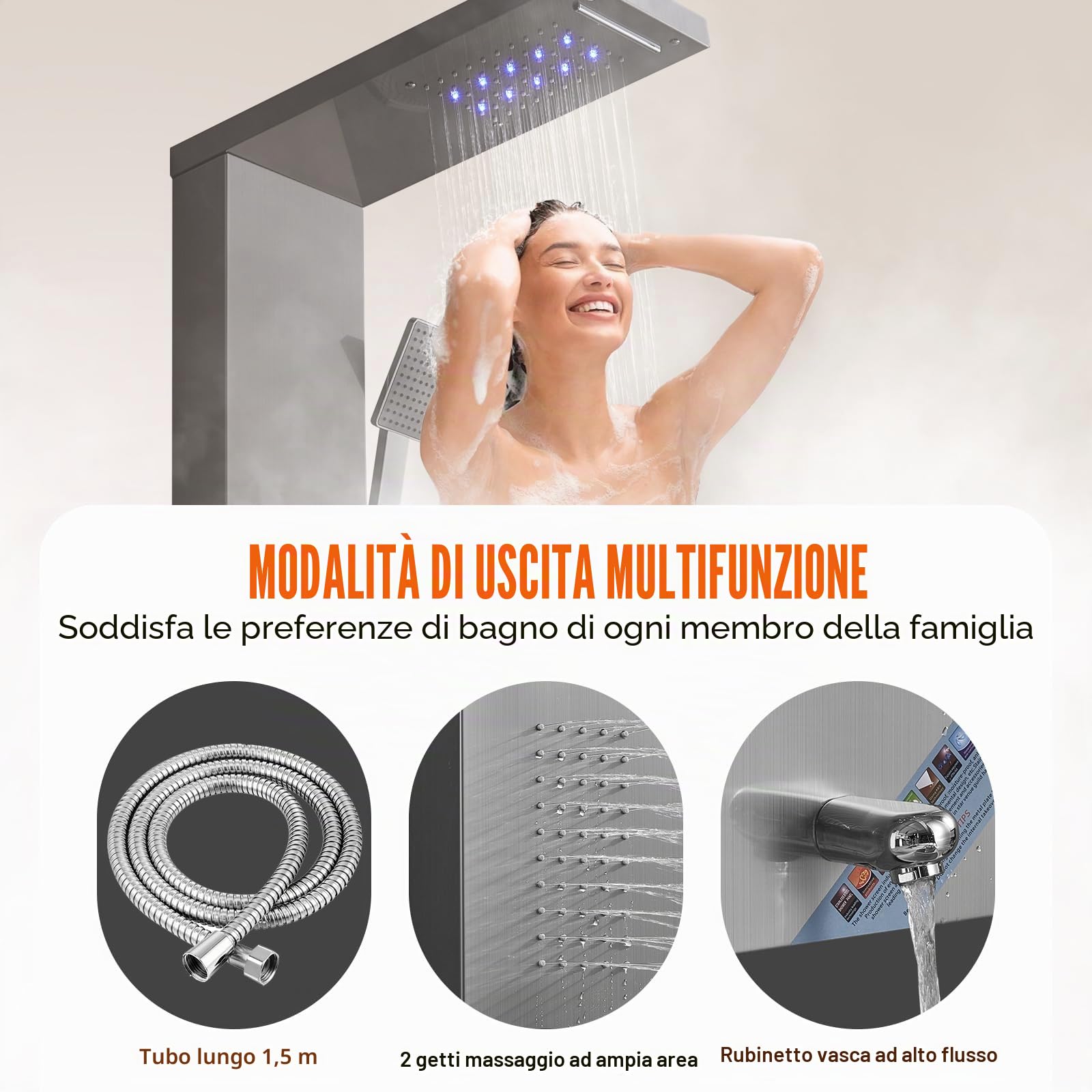 VEVOR Pannello Doccia 5 Modalità, Torre Doccia LED, Pioggia, Cascata, 2 Getti Massaggianti, Bocca Vasca, Soffione Mano, Argento Spazzolato