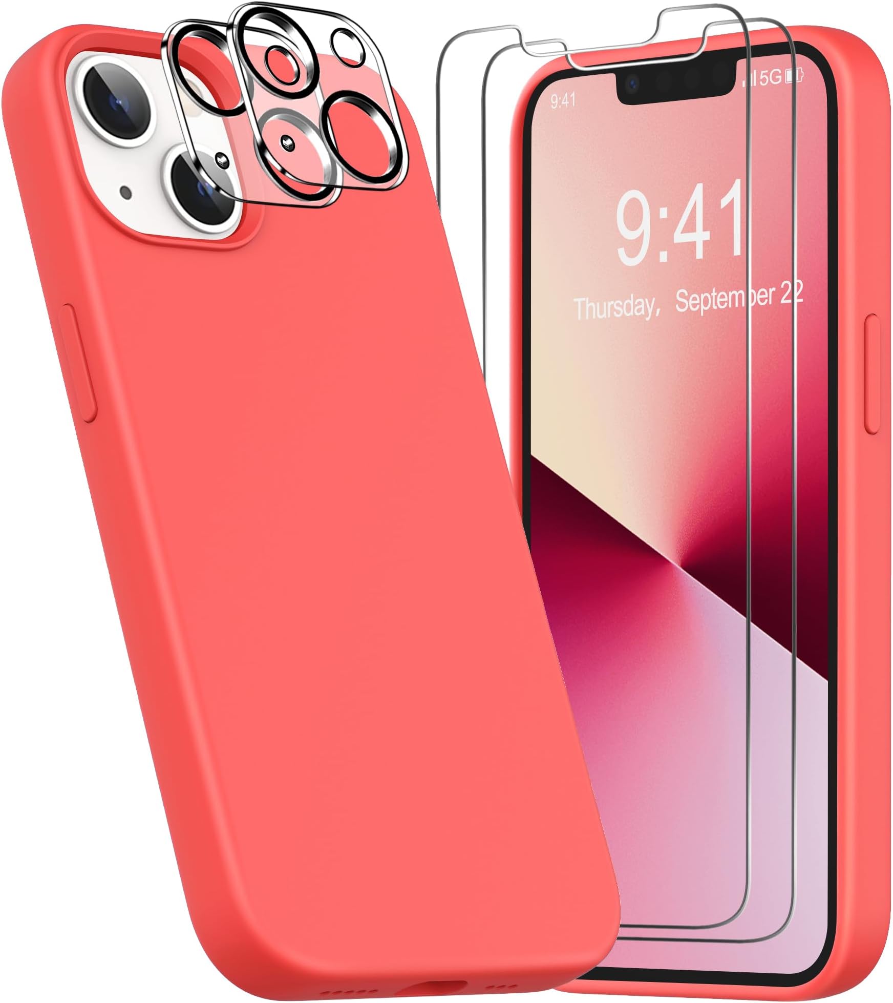 YATWIN [5 in 1 Designed for iPhone 13 Case with 2X Screen Protector + 2X Camera Lens Protector, Liquid Silicone Slim Soft Rubber Shockproof Phone Case Cover for iPhone 13 (6.1") - Peach