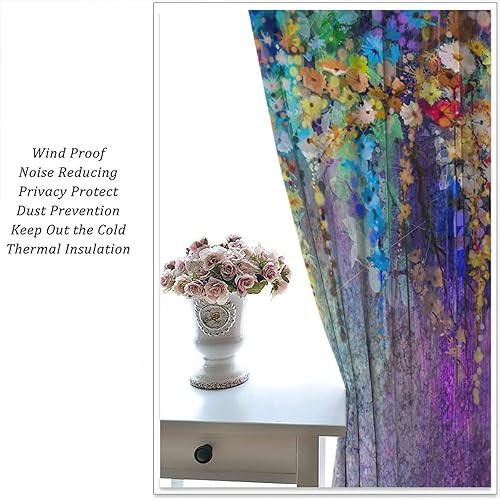 Miniatura 558 de Retro 70s Floral Blackout Window Curtains, Watercolor Flower Plant Rustic Modern Style Pattern Window Drapes, for Bedroom Living Room 42x45in 2