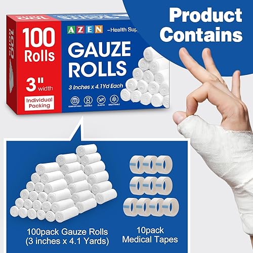 Miniatura 2 de AZEN Paquete de 100 Rollos de Vendas de Gasa, 3 pulgadas x 4.1 yardas, Suministros de Primeros Auxilios y Suministros Médicos Premium, Vendaje