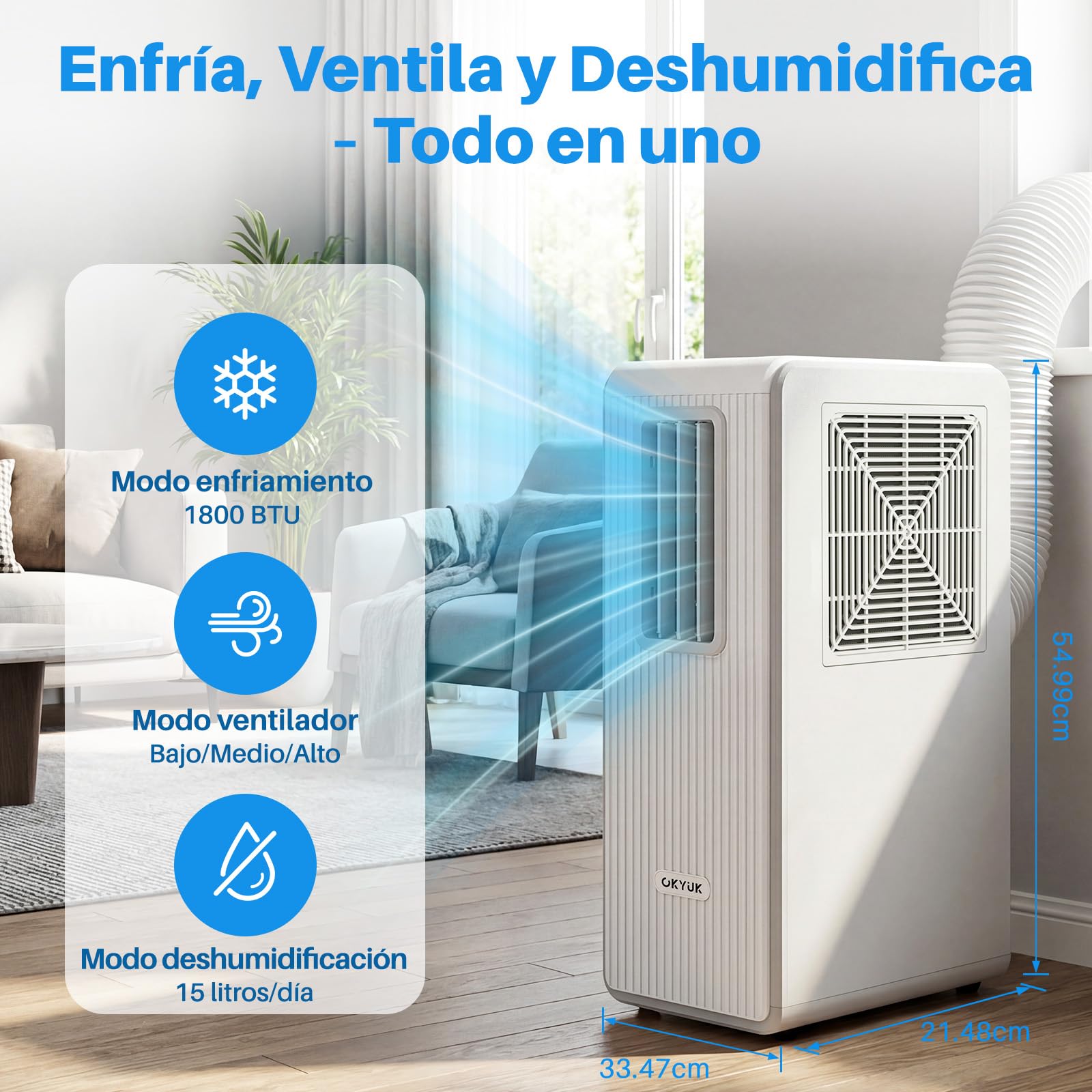 OKYUK Climatiseur Mobile, 200 W à économie d'énergie, réfrigérant écologique R290, 3 en 1 : climatiseur, déshumidificateur, ventilateur, ventilation, avec tuyau d'évacuation. (Blanc)