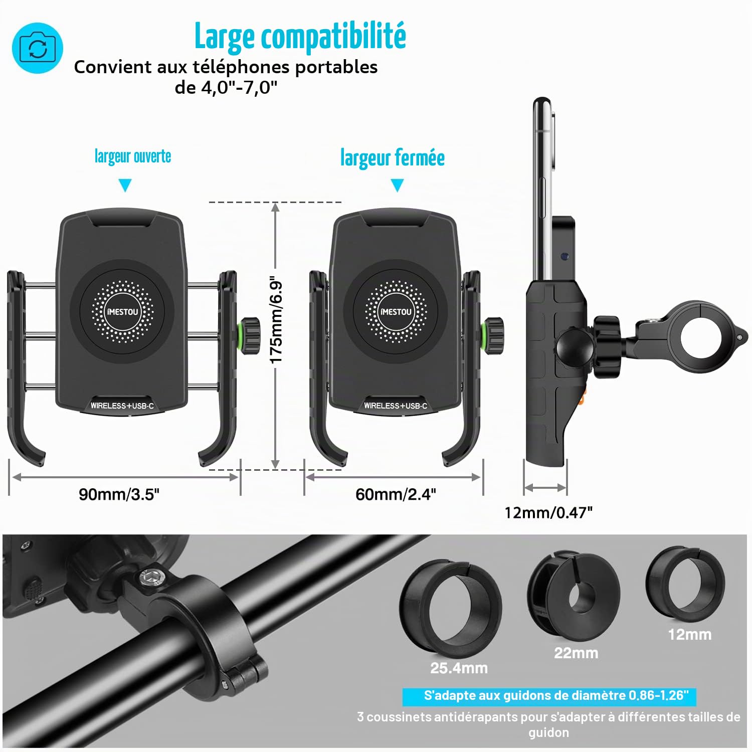 iMESTOU Support de Téléphone sans Fil QC3.0 USB C pour Guidon de Moto Fonctionne avec Les Motos 12 V/24 V ou en Branchant à Une Prise USB A Universelle pour Téléphones Portables de 4 à 7 Pouces