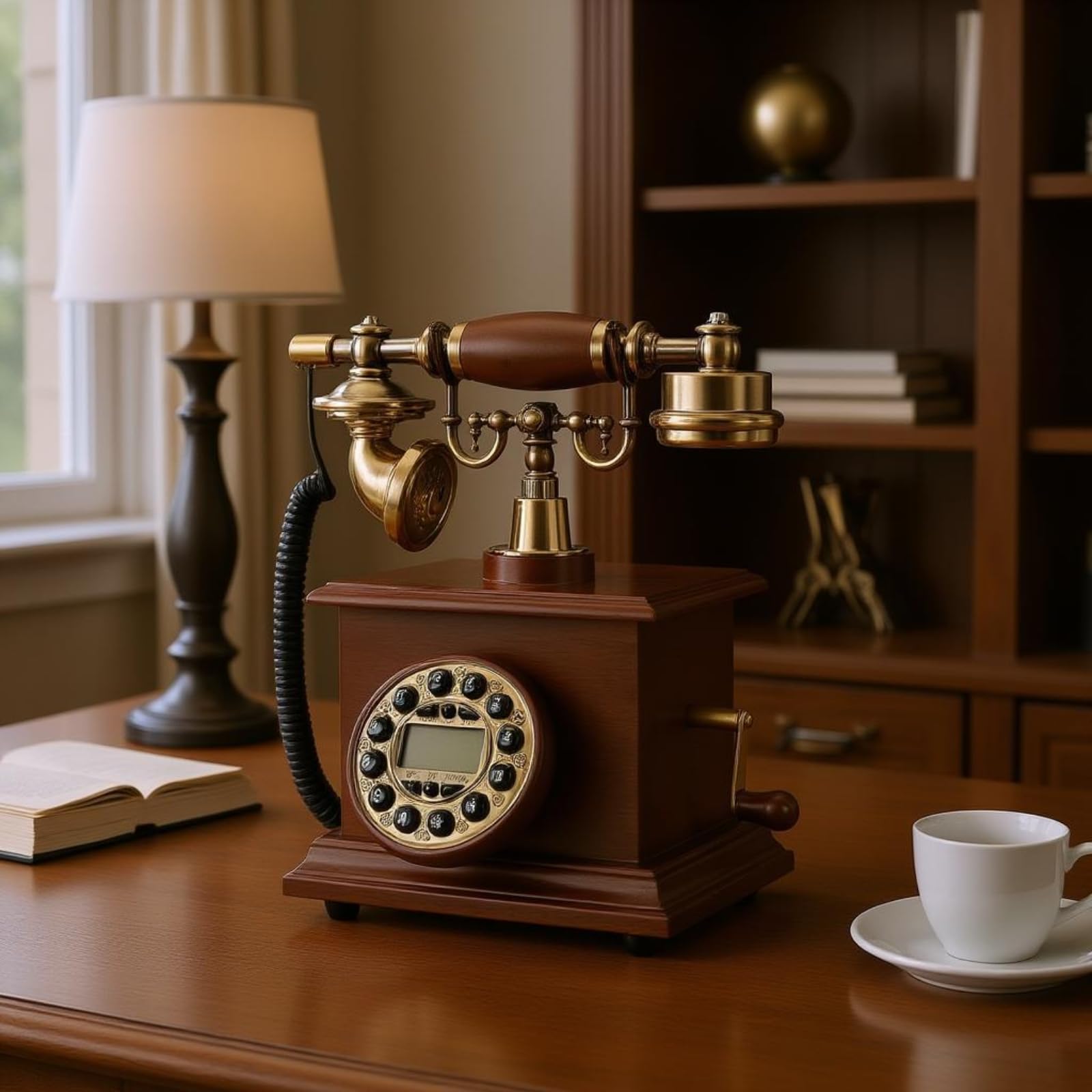 Teléfono Retro de Escritorio con Panel Dial Vintage Soporte Auricular y Cable en Espiral sin Batería de Números Adecuado para Hogar Recepción, Marrón