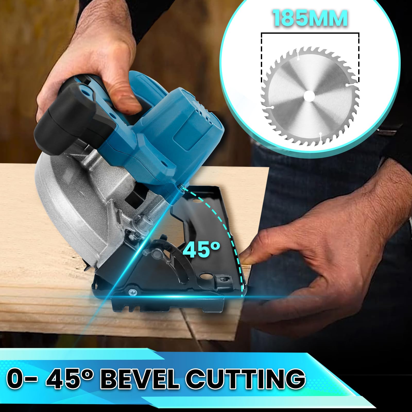 Professional Kreissäge kompatibel mit Makita 18 V Akku mit 2 Sägeblättern (185mm), Schnitttiefe: 64mm, Handkreissäge, Akku-Kreissäge Bürstenlose Säge mit Einstellbarer Schnittwinkel Tiefe für Holz