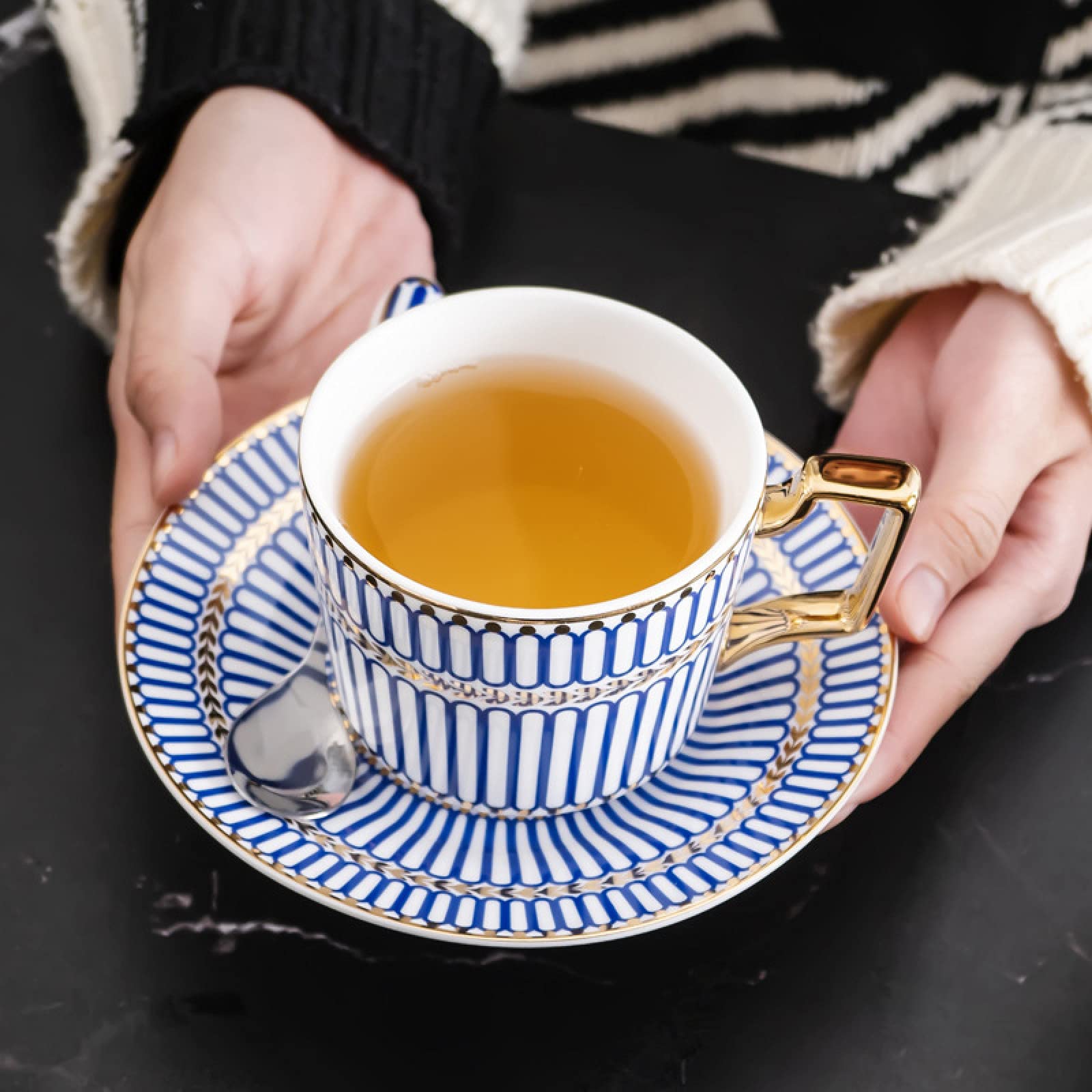 zestaw do herbaty, 15 szt. Porcelanowy zestaw do herbaty Zestawy filiżanek i spodków kawy Zestaw Serwis herbaciany Niebieskie paski Czajniczek, Cukiernica, Dzbanek śmietanki
