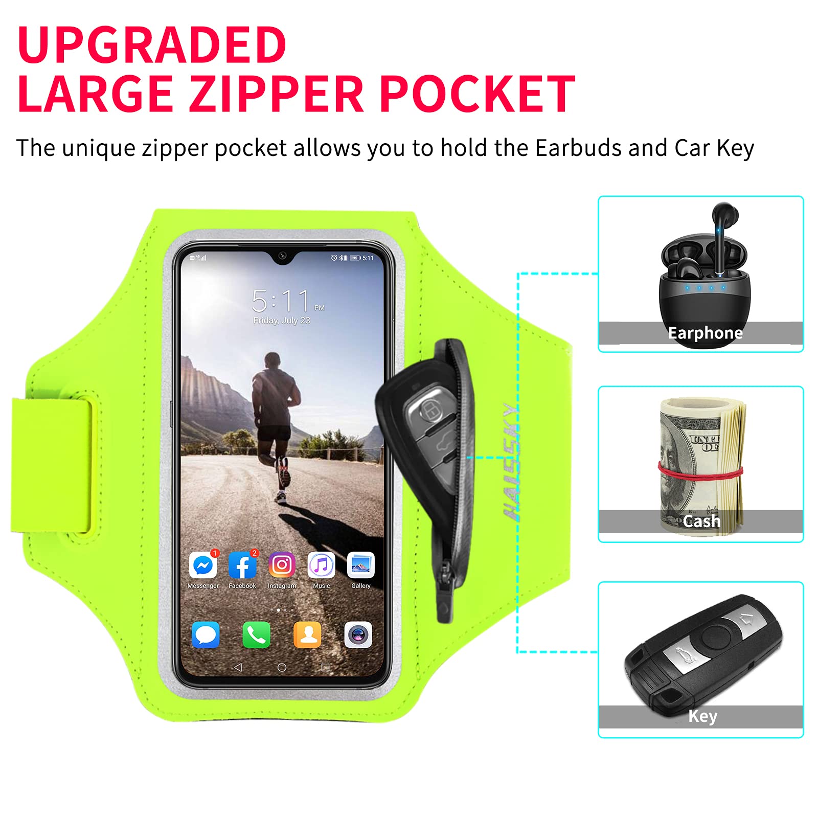 HAISSKY Fascia da Braccio con Borsa Auricolare, Fascia Sportiva Running Porta Cellulare Braccio Portacellulare Armband per MP3/iPhone 16 Pro Max/15 Pro/14 Pro/13 Galaxy S25 Ultra/S24/S23 Fino a 6,9"