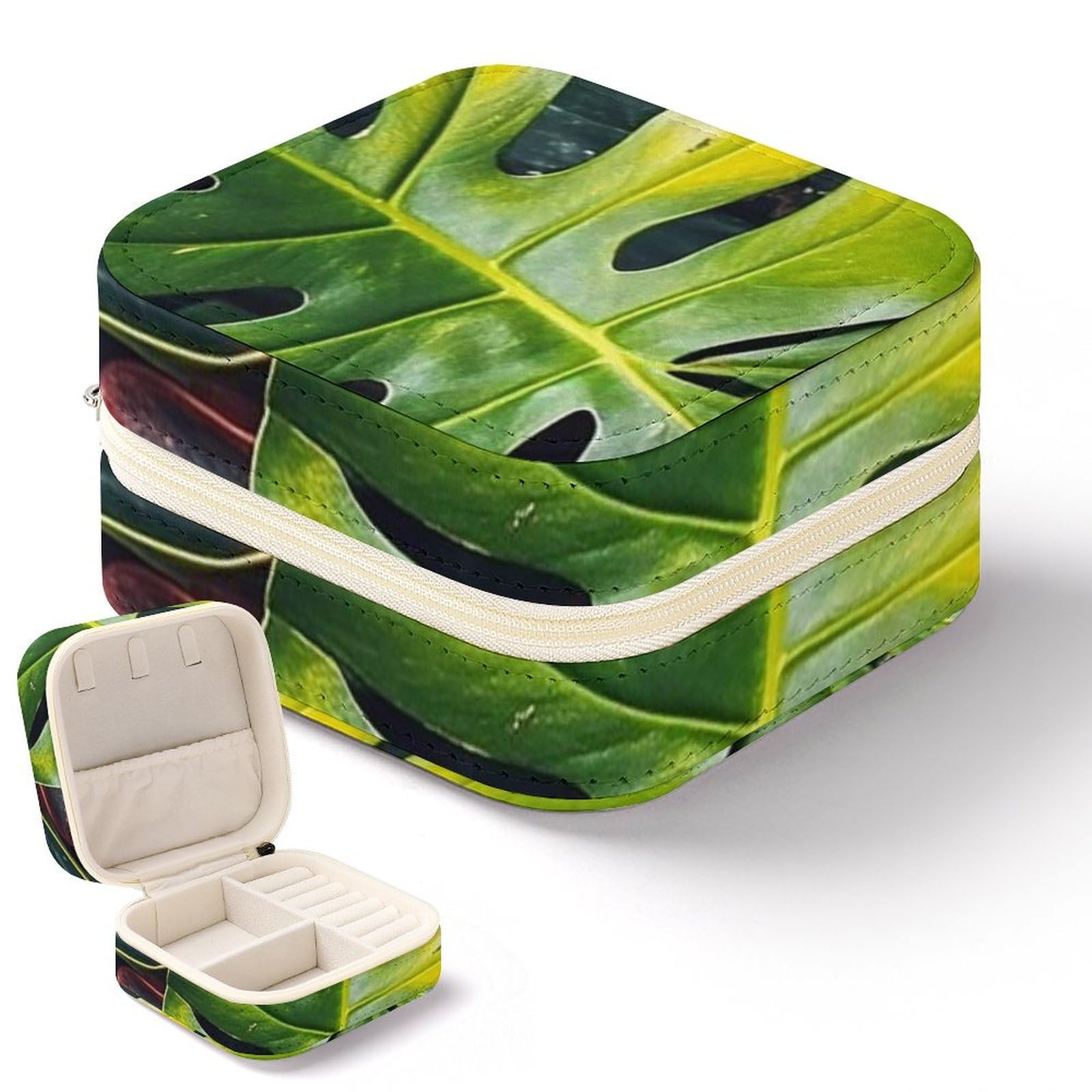 Mini boîte à bijoux pour bagues et colliers au motif de feuilles tropicales