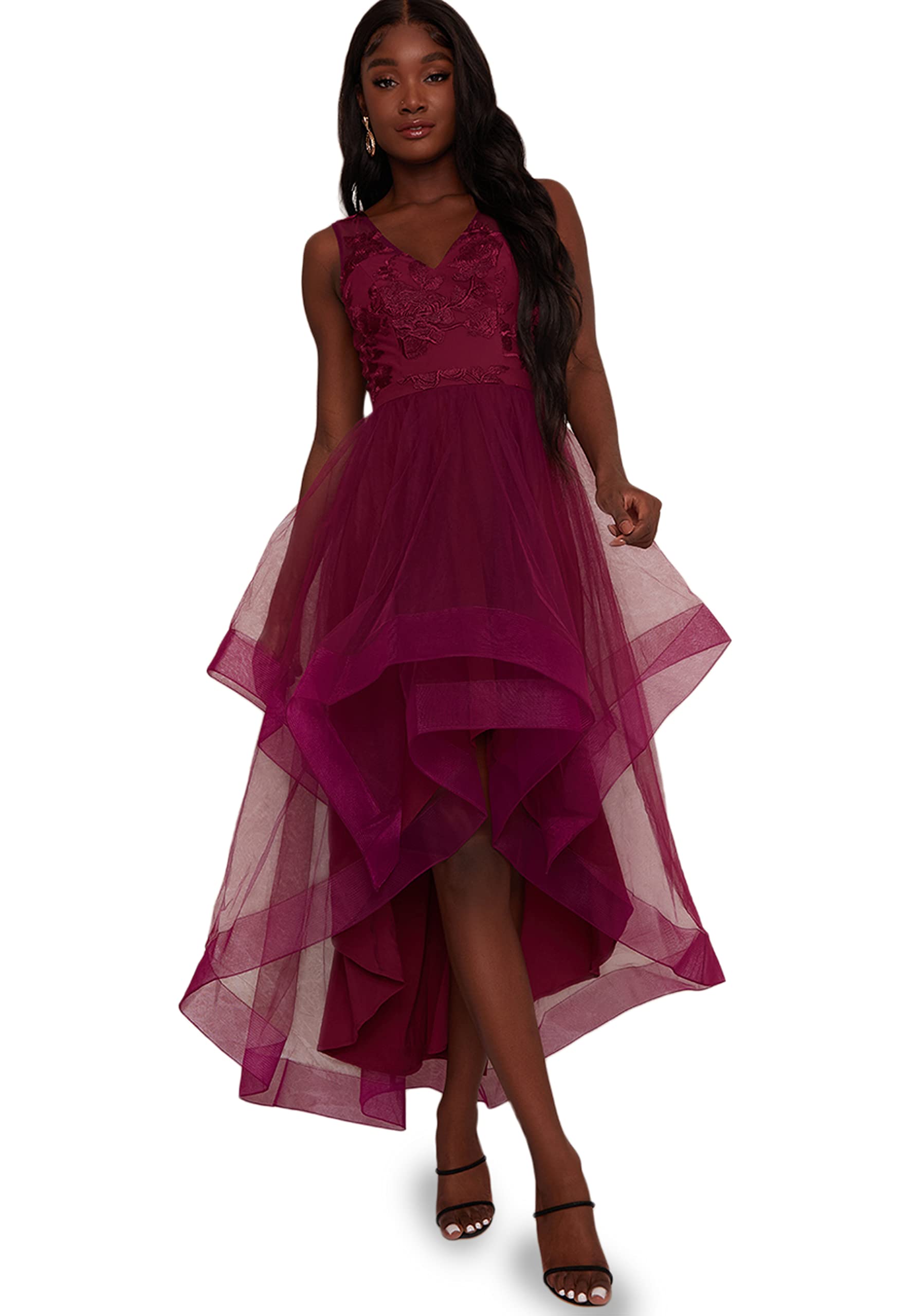 Chi Chi London Womens Embroidered V Neck Mesh Skirt Dip