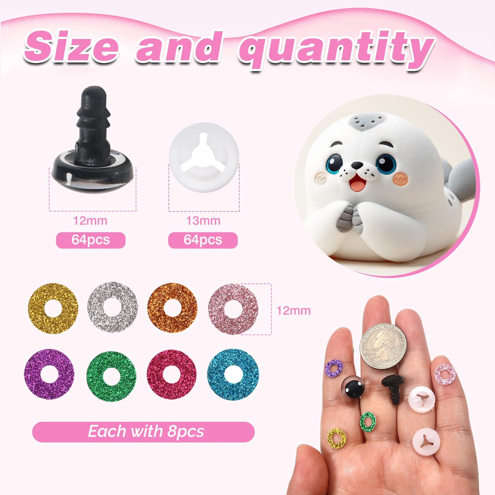 TOAOB 64 Sets 12 mm Glitter Safety Eyes Doll Eyes Animals Eyes Plastic Craft Eyes Glitter Colourful Eyes with Washers for Crochet Animals Puppet Making - Image 2