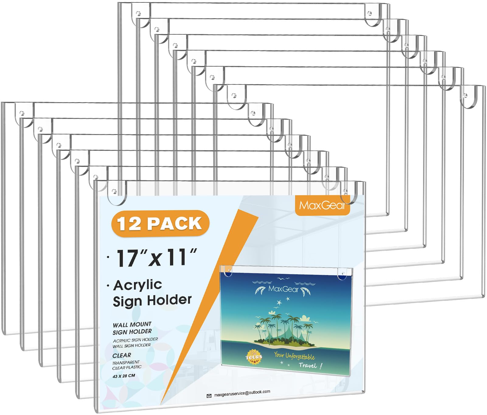 MaxGear Acrylic Wall Mount Sign Holder, 11 x 17 Landscape, 12 Pack