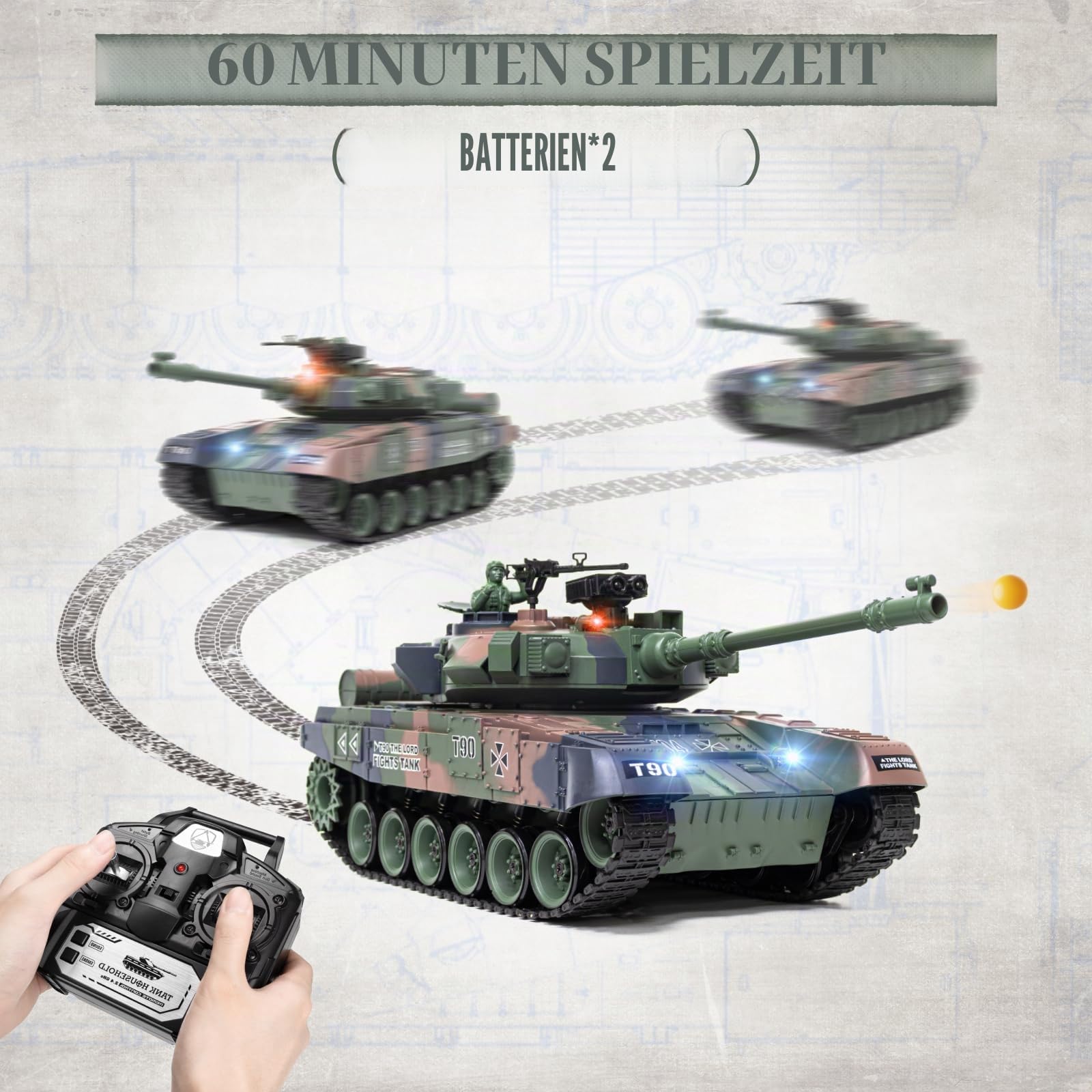 Supdex 1:18 RC Panzer T90, 2.4GHz Panzer Ferngesteuert mit Schussfunktion, WW2 Militär, Ferngesteuertes Militärfahrzeug mit Metallketten, Rauch, Licht, Sound, Armee Spielzeug für Kinder Erwachsene