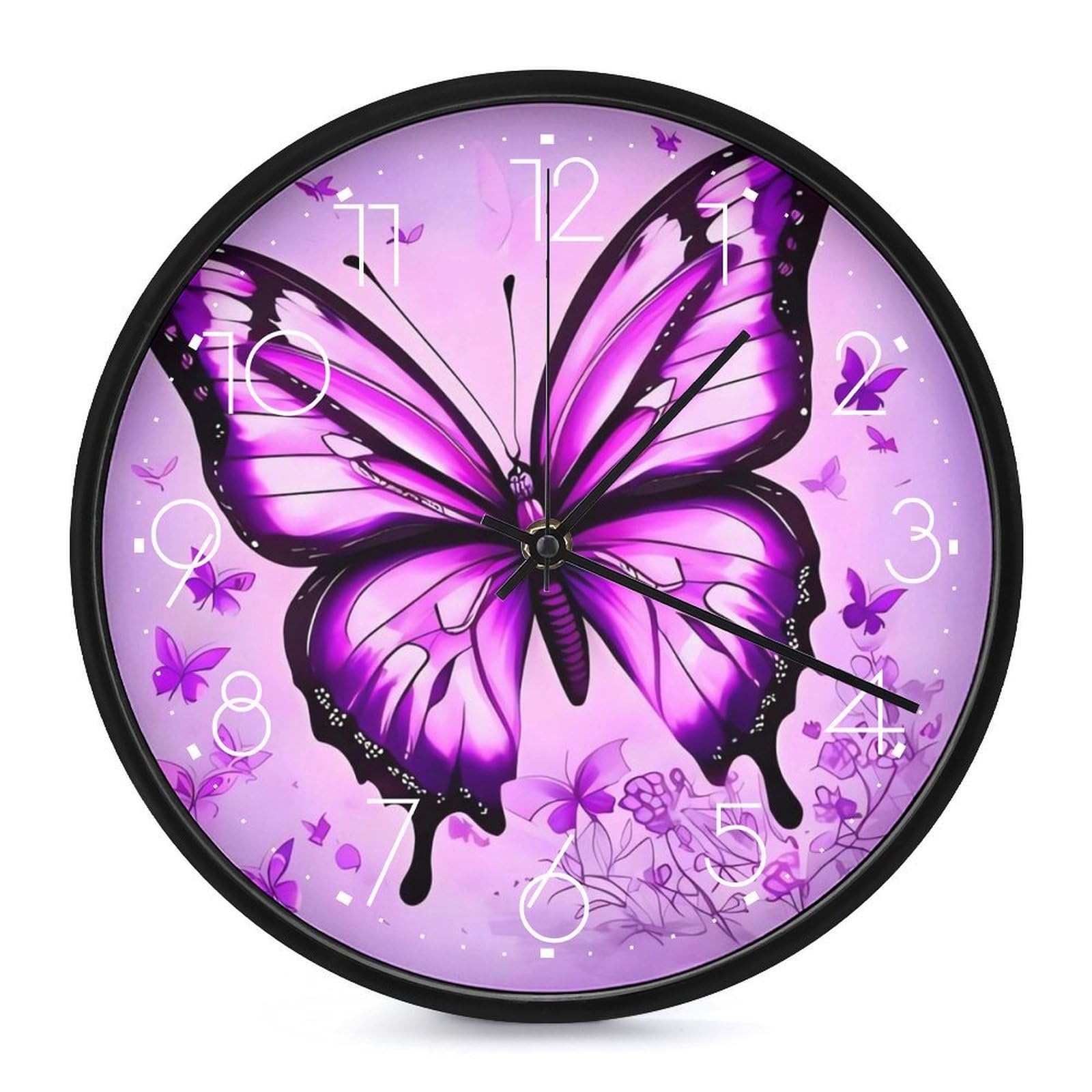 Horloge murale sans tic-tac papillon violet ronde de 25 cm pour stopper les bruits de nuit