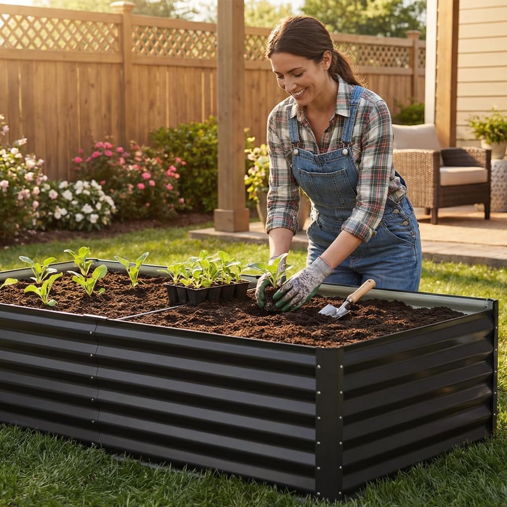 COMHOMA Raised Garden Bed 6x3x2ft,Galvanized Metal Planter Box Kit for Outdoor Gardening,Large Vegetable Flower Growing Beds with Gloves Tools,Black