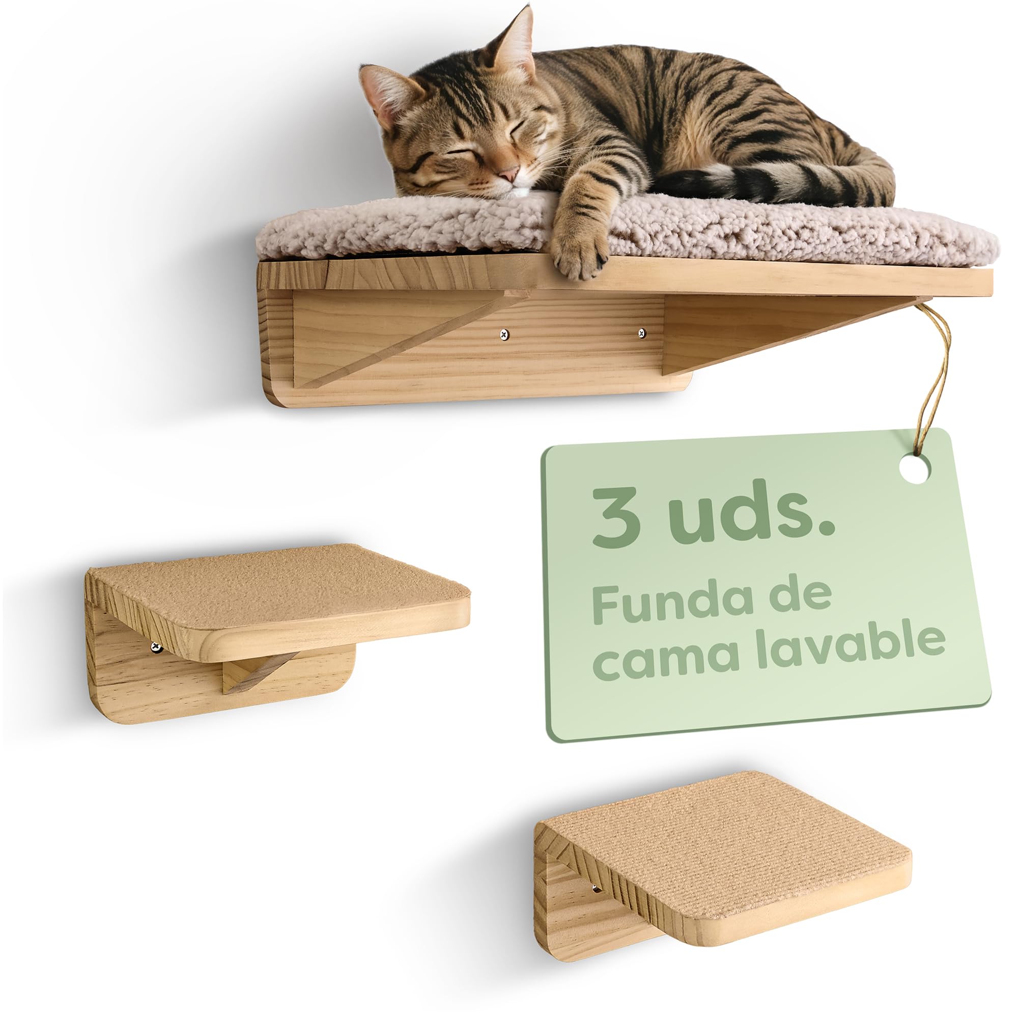 Knupis Estantes de Pared para Gatos con Cama & 2X Escaleras – Madera de Pino Maciza FSC®, Hamaca de Pared Resistente hasta 30 kg – para Juego & Comodidad - Beige