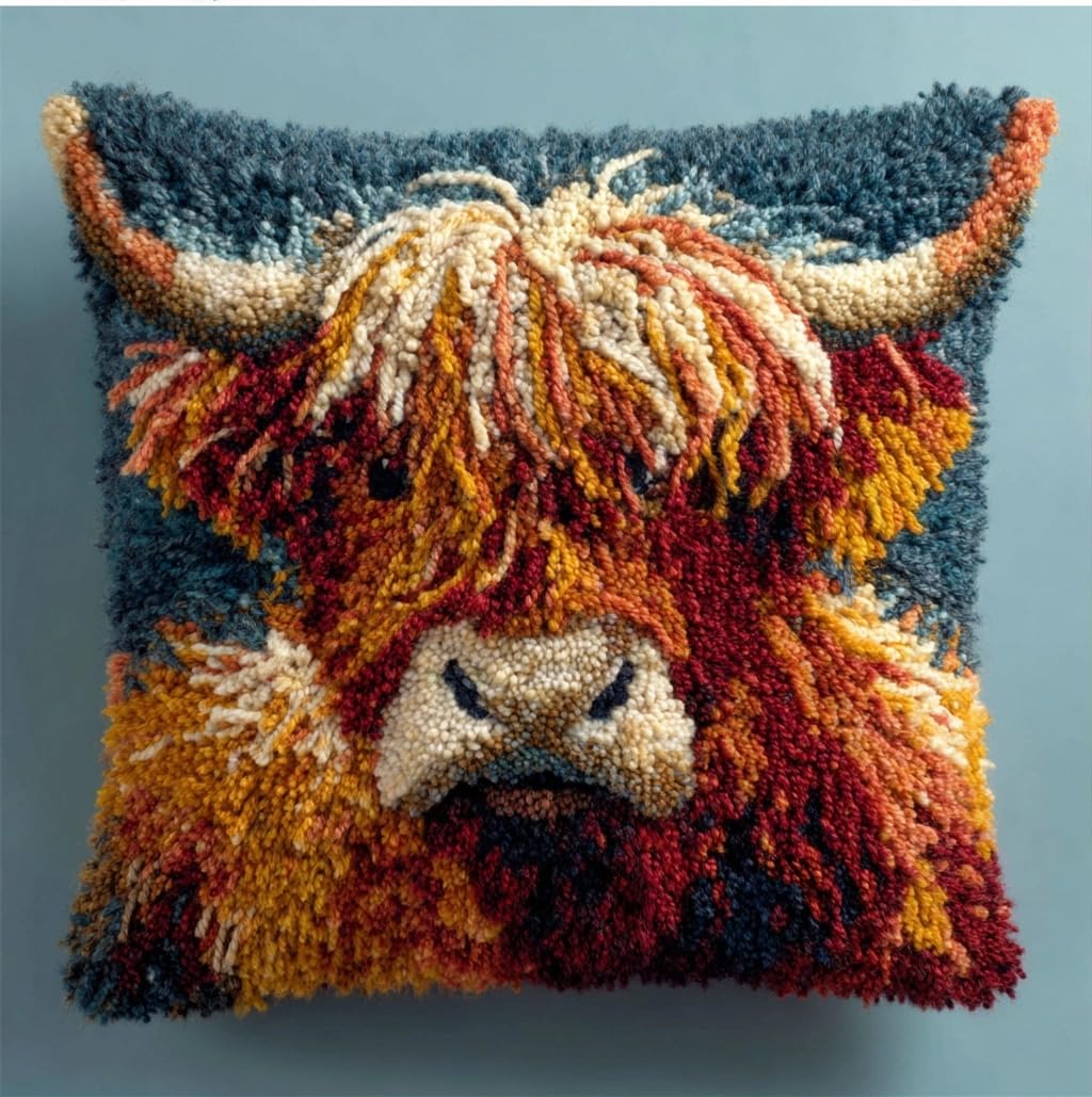 Taxpy Latch Hook Kit for Adults,Highland Cattle Latch Hook Pillow Case Kits, DIY Cushion Kit 17X17Inch, Cross Stitch Embroidery Kits Cover Home Decor 43X43Cm