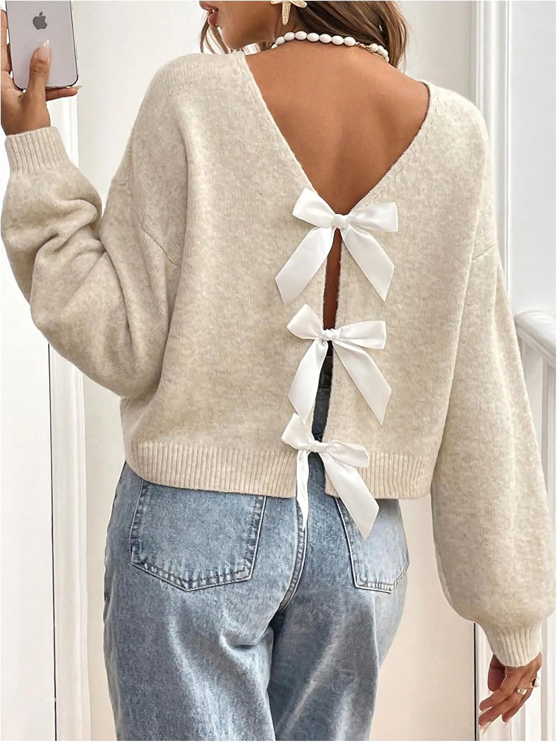 MakeMeChic Women's Bow Sweater Long Sleeve Open Back Tie Back Sweater Cardigan Top - Image 3